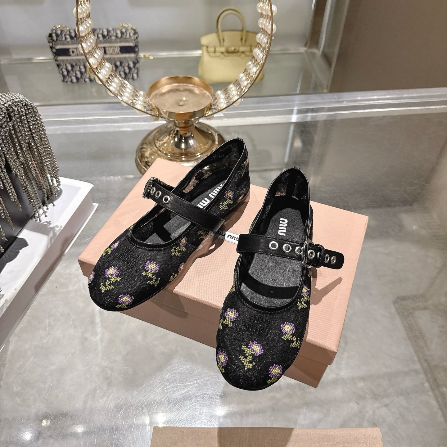 Miu 26s Embroidered Ballerinas Black Mesh 951510