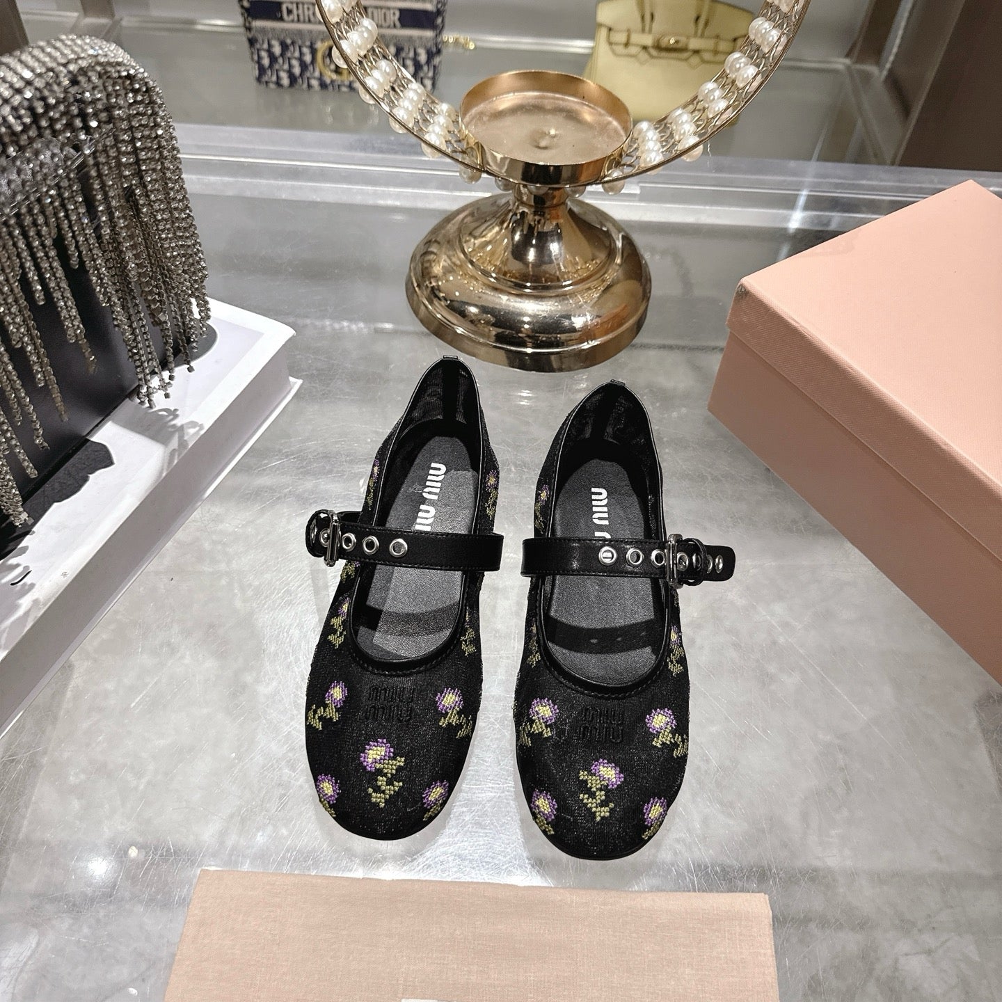Miu 26s Embroidered Ballerinas Black Mesh 951510