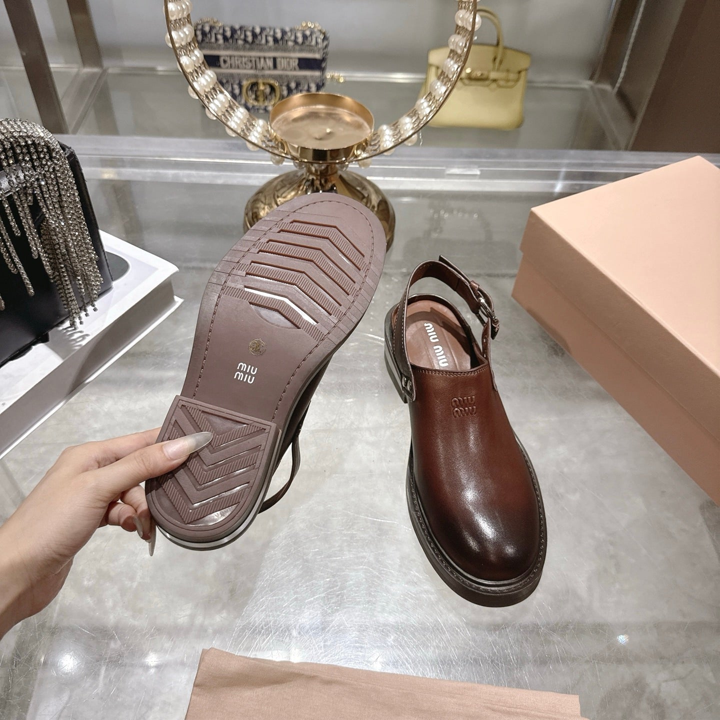 Miu 26s Clogs Ankle-strap Brown Leather 951505