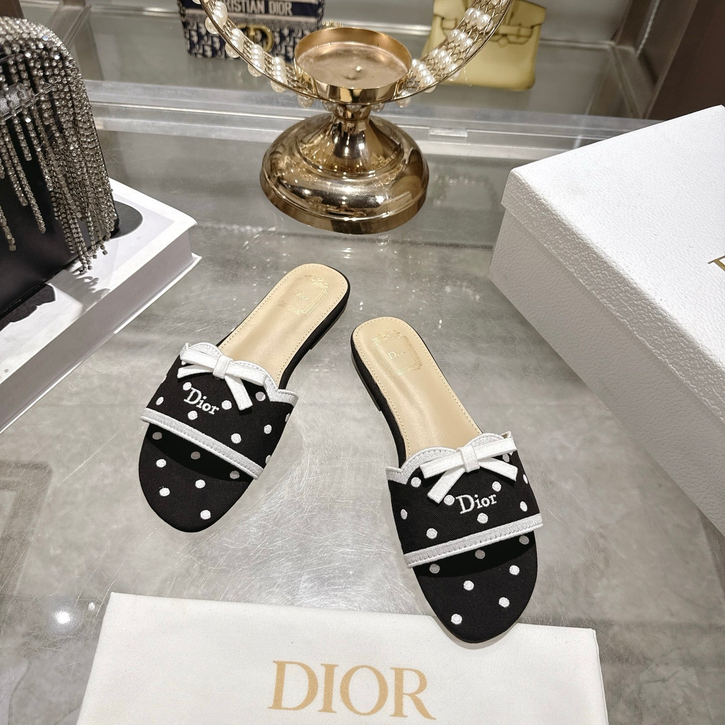 CD Dway Flat Sandal PolkaDior Black Motif Cotton Leather 951360
