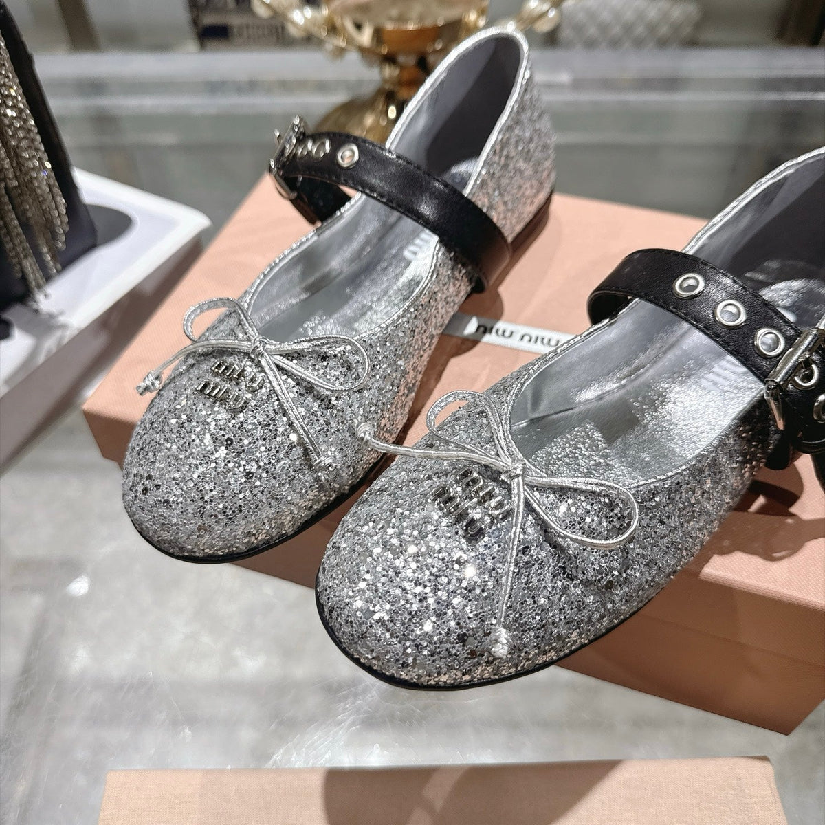 Miu Miu FW26 Buckle Strap Ballerina Flats Silver Glitter 190458