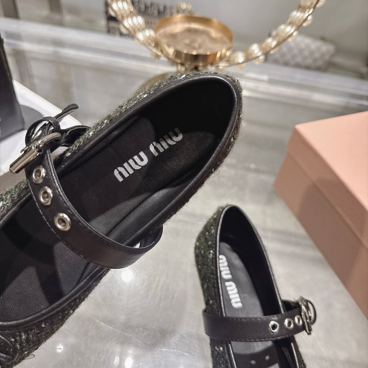 Miu Miu FW26 Buckle Strap Ballerina Flats Black Tweed 190457