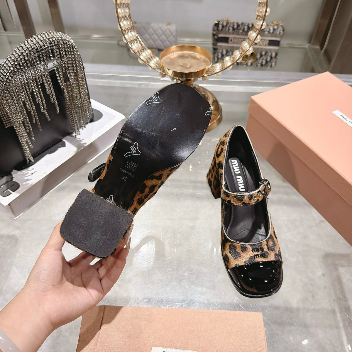 Miu Miu FW26 Two-Tone Mary Jane Pumps 75mm Leopard Pony Hair Black Patent 190485