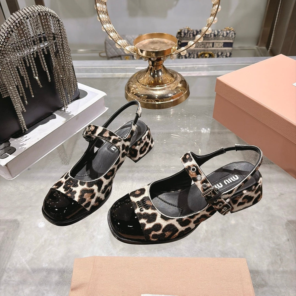Miu Miu FW26 Two-Tone Mary Jane Slingback Sandals 45mm Leopard Pony Hair Black Patent 190487
