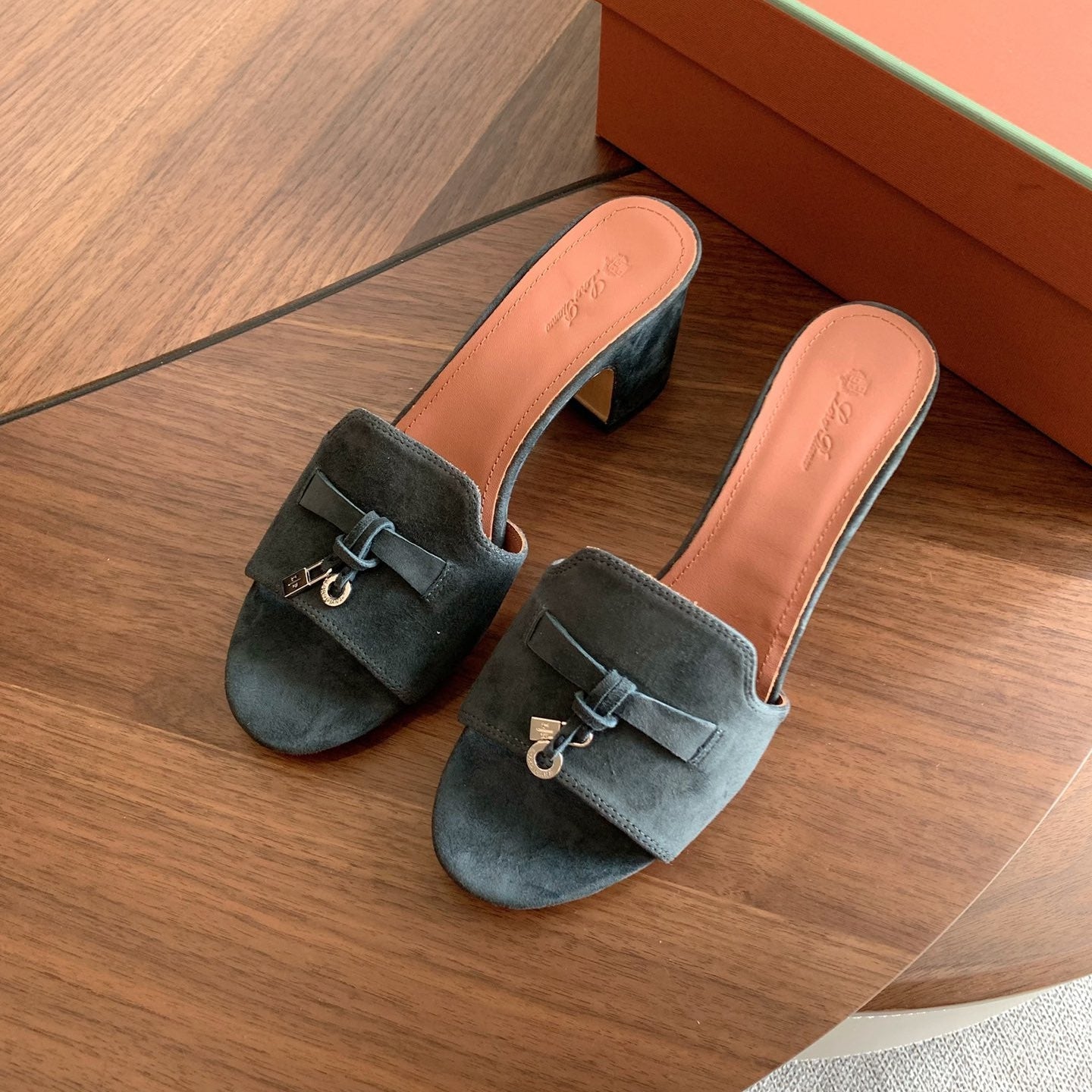 LP 26s Summer Mule Heels 60mm In Dark Grey Suede Gold Hardware
