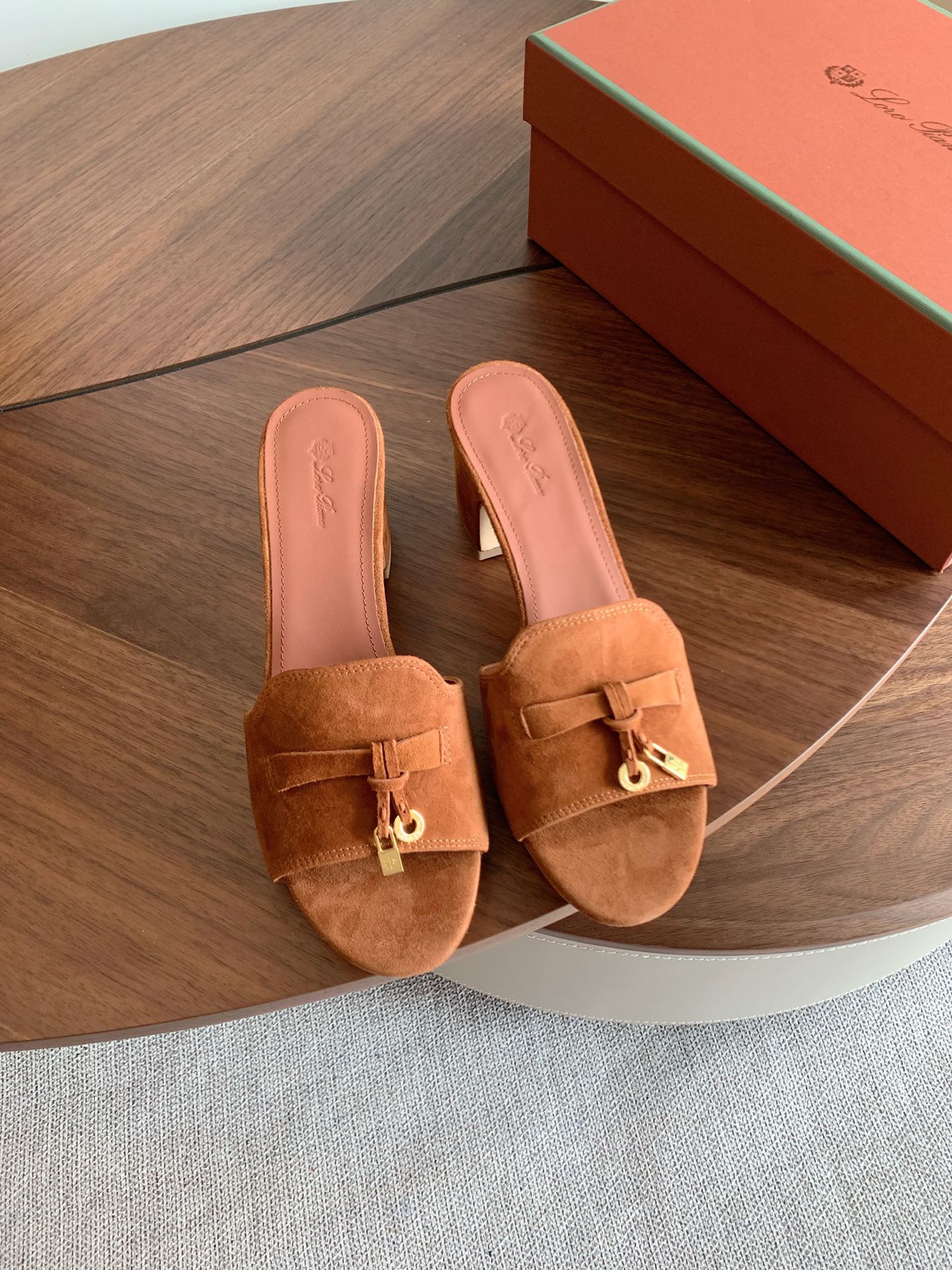 LP 26s Summer Mule Heels 60mm In Caramel Brown Suede Gold Hardware