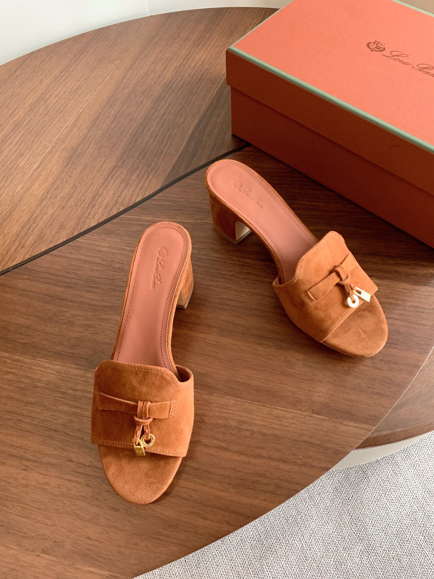 LP 26s Summer Mule Heels 60mm In Caramel Brown Suede Gold Hardware