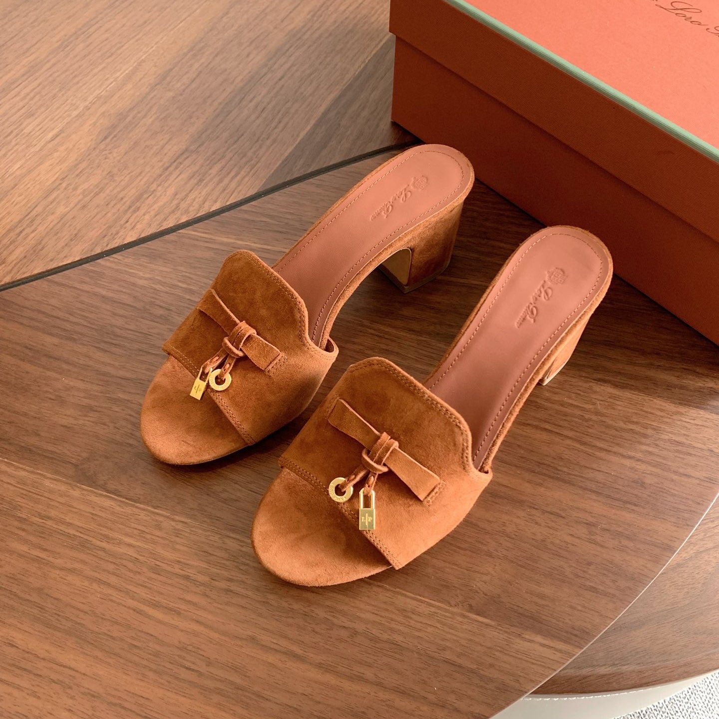 LP 26s Summer Mule Heels 60mm In Caramel Brown Suede Gold Hardware