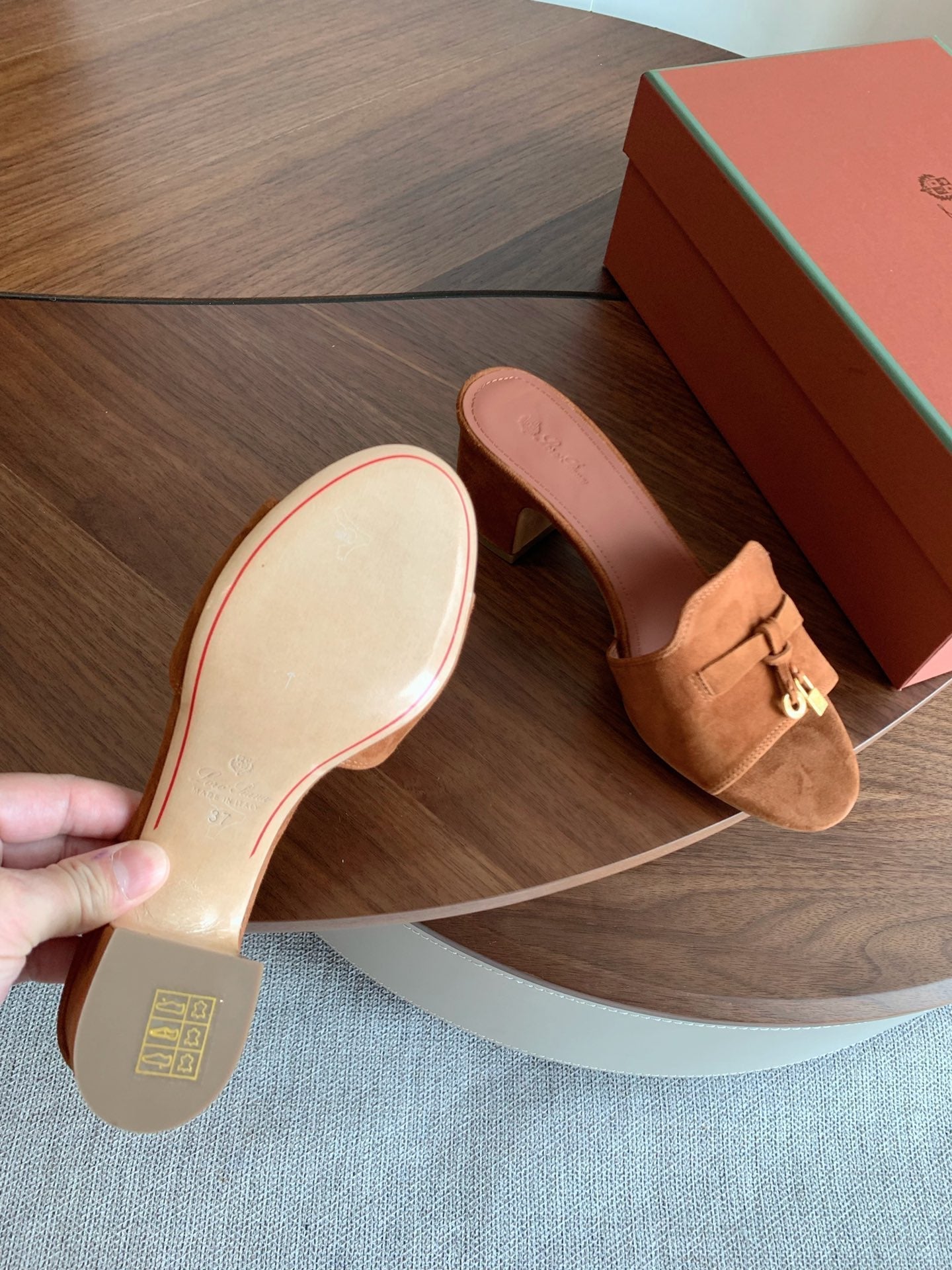 LP 26s Summer Mule Heels 60mm In Caramel Brown Suede Gold Hardware