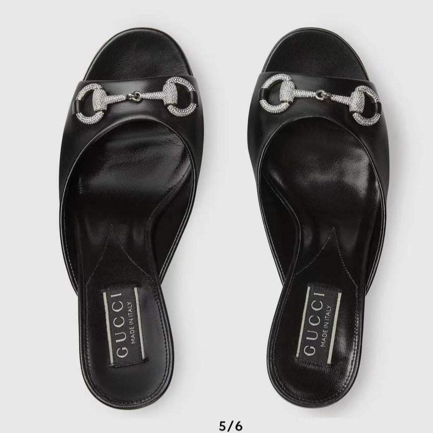 GG Women's Horsebit mid-heel slide sandal in Black