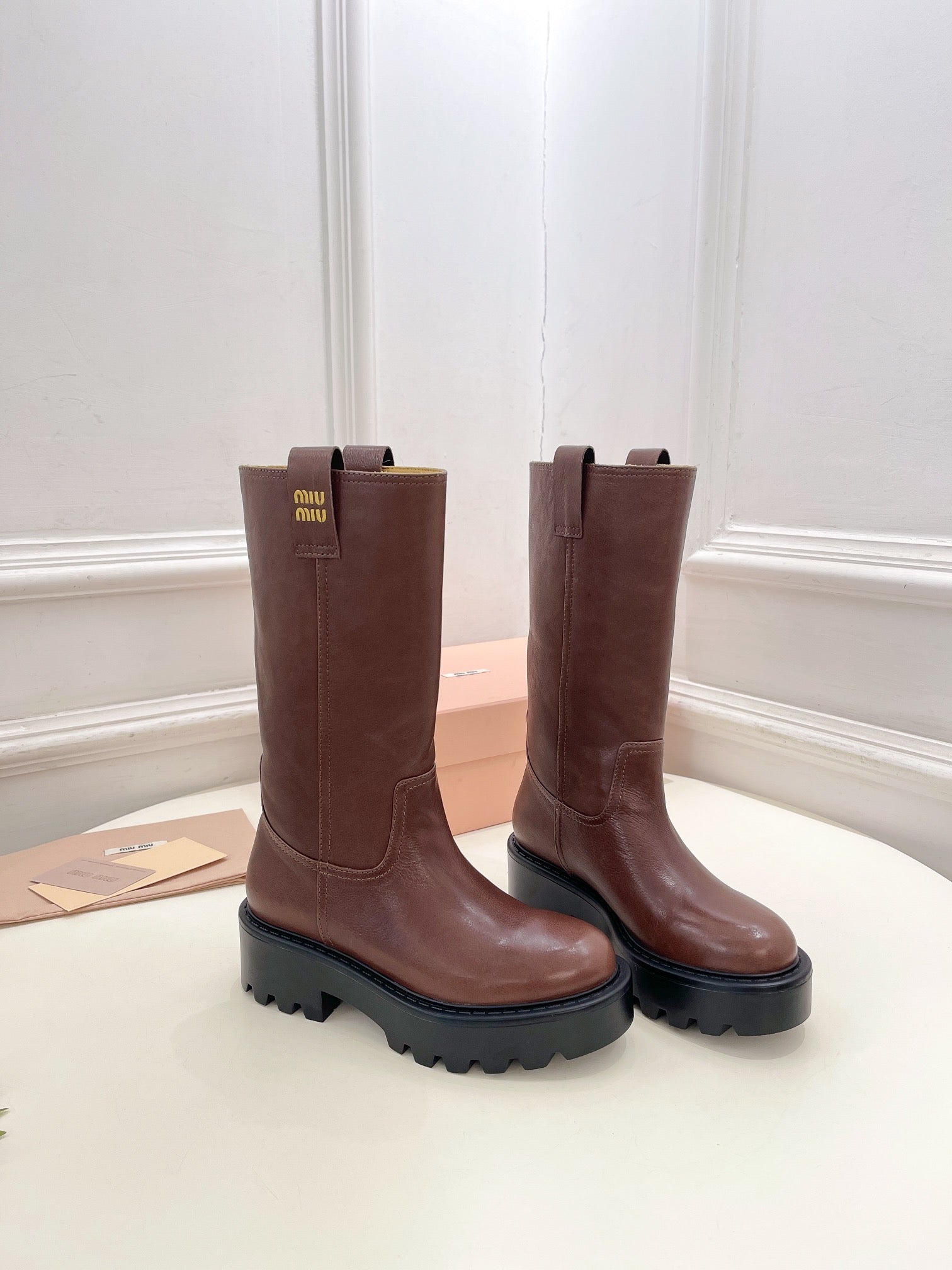 Miu Short Boots Dark Pink Brown Calfskin