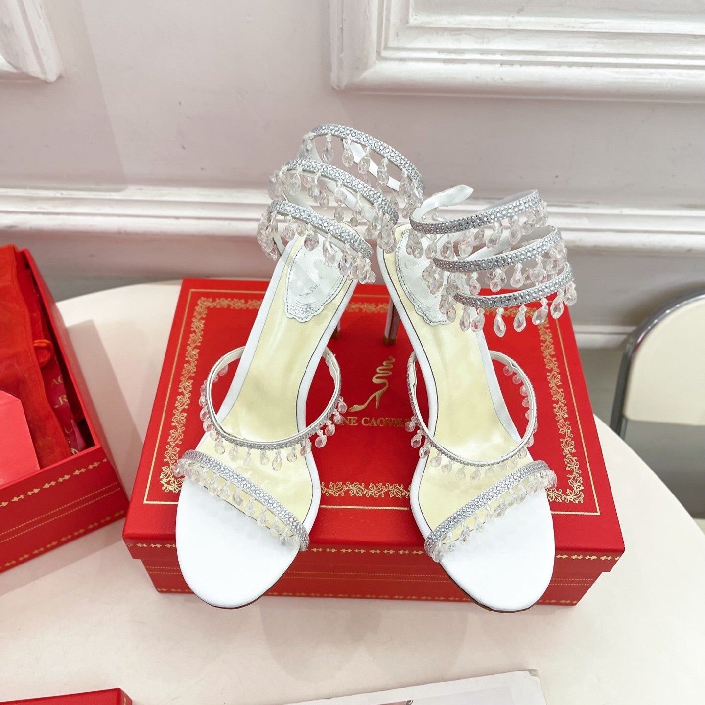 RC 25 Crystal Tassel High-Heeled Sandals White Silk Crystal Diamond 253540