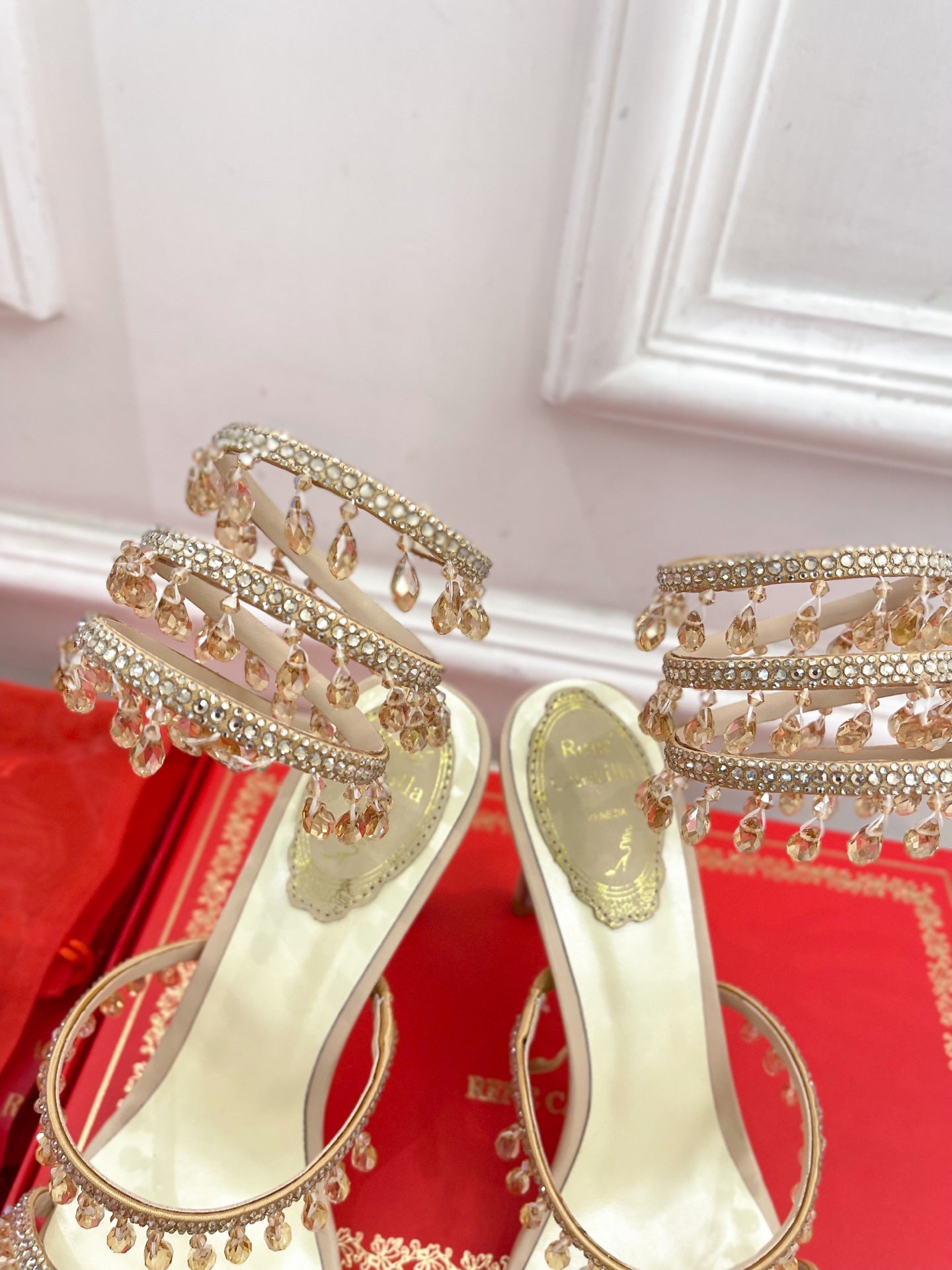 RC 25 Crystal Tassel High-Heeled Sandals Pink Nude Silk Crystal Diamond 251008