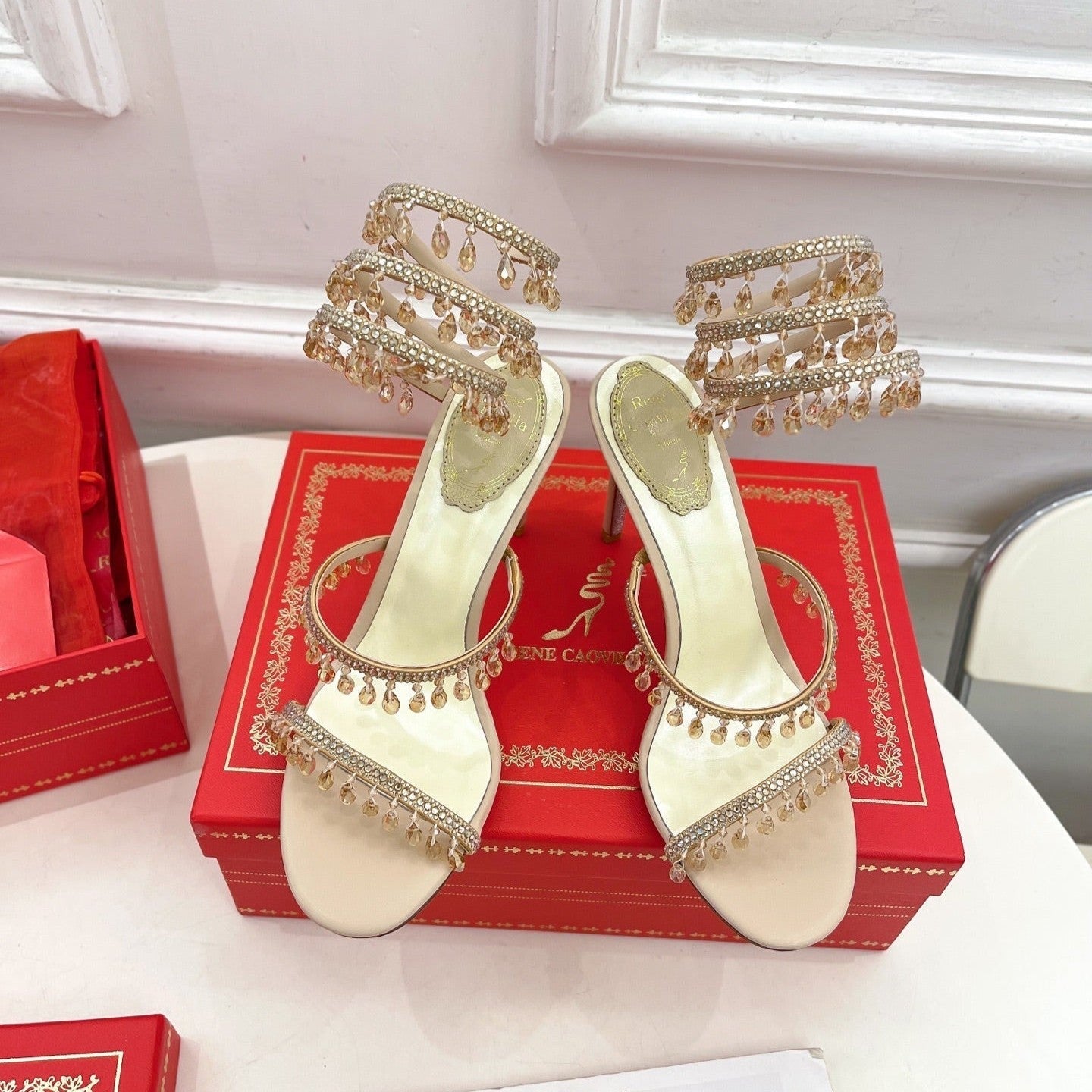 RC 25 Crystal Tassel High-Heeled Sandals Pink Nude Silk Crystal Diamond 251008