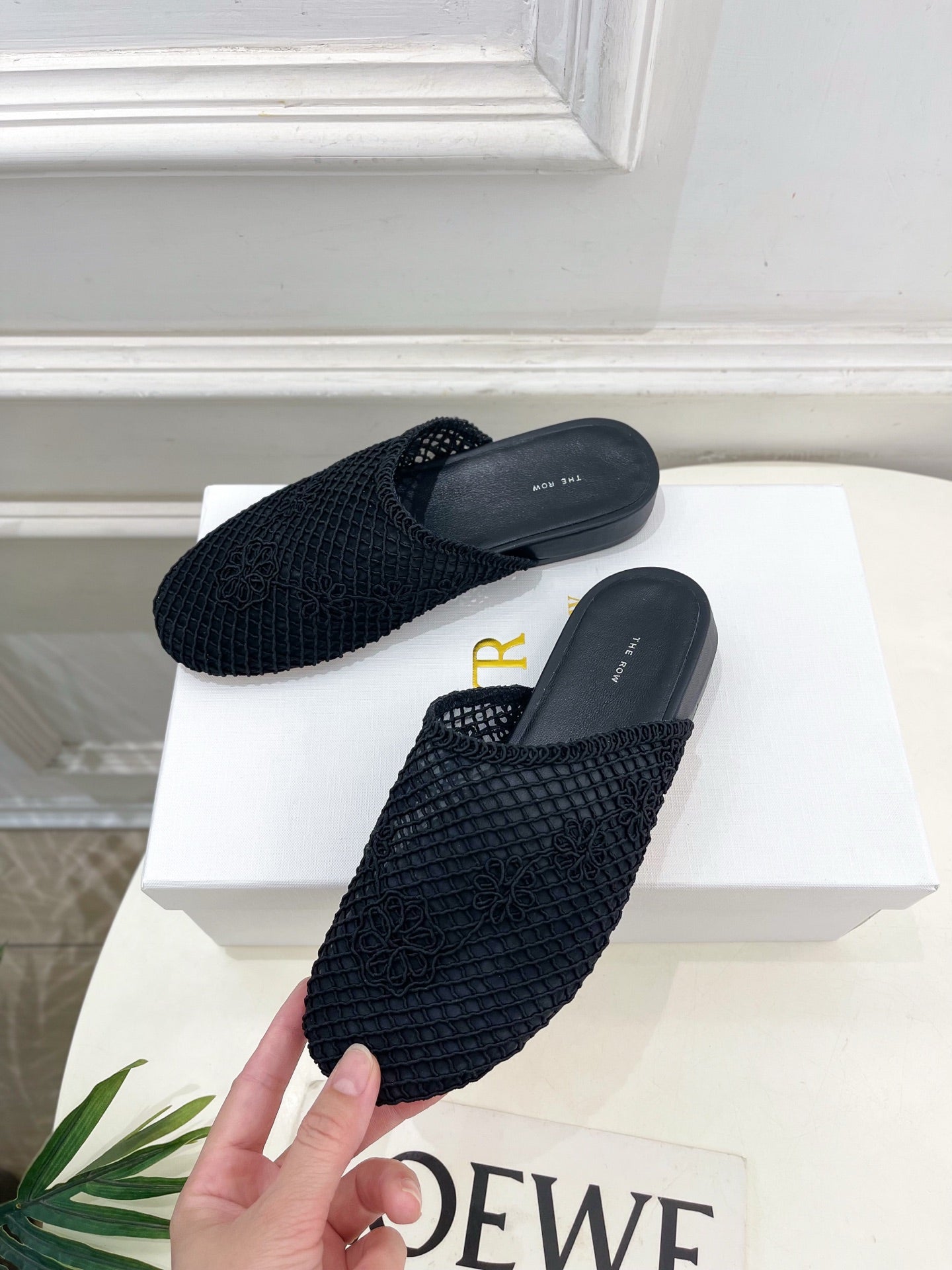 The Row Slide Mules Black Mesh And Sheepskin 325555