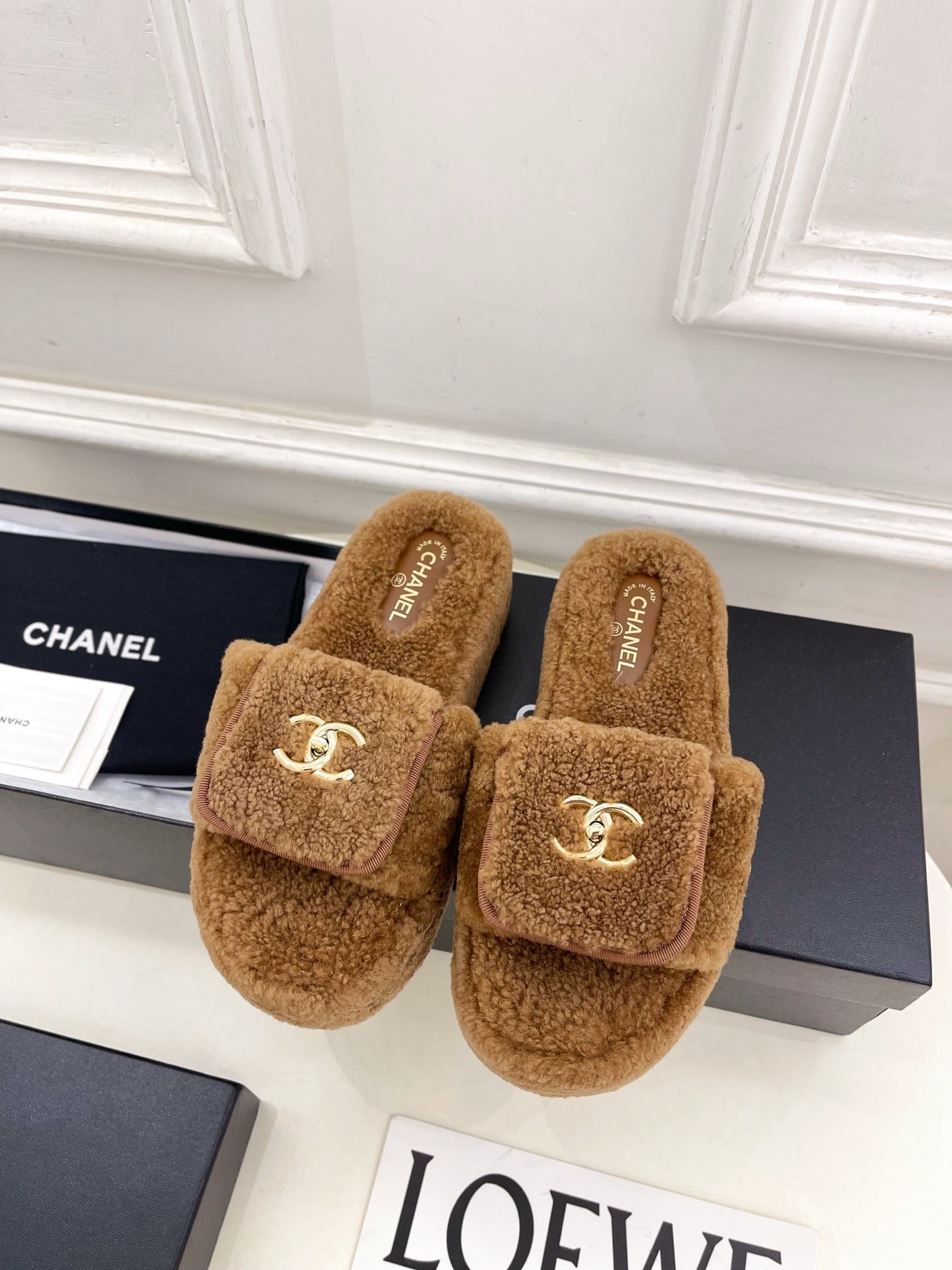CC 25s Logo Slippers 50mm Brown Wool GHW 435263