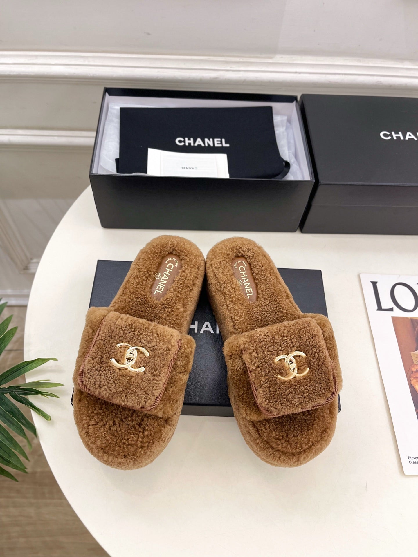 CC 25s Logo Slippers 50mm Brown Wool GHW 435263