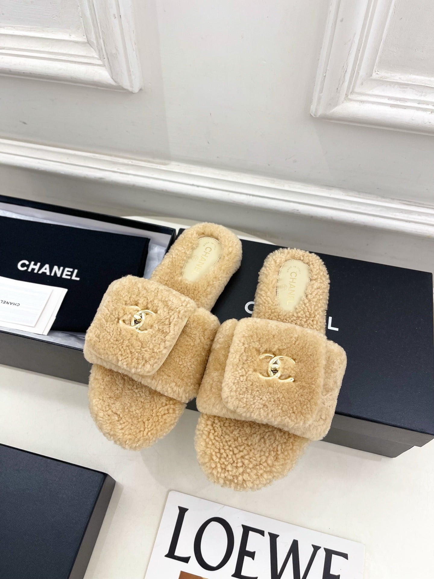CC 25s Logo Slippers Beige Wool GHW 435268