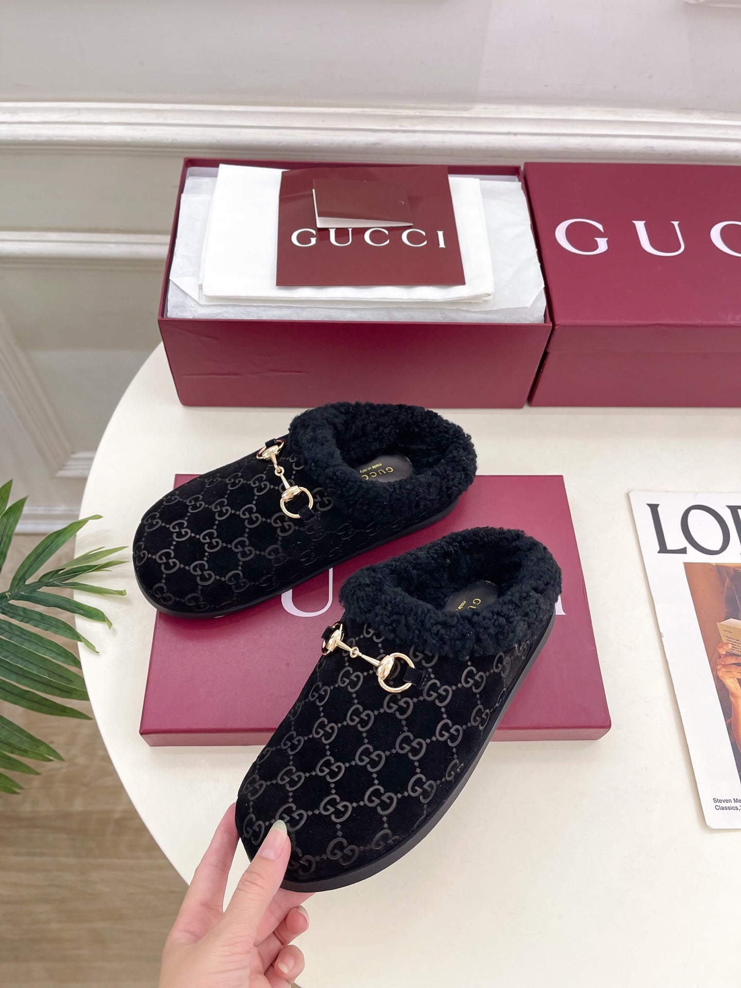 GG Horsebit Embossed Mule Black Suede And Wool 536050