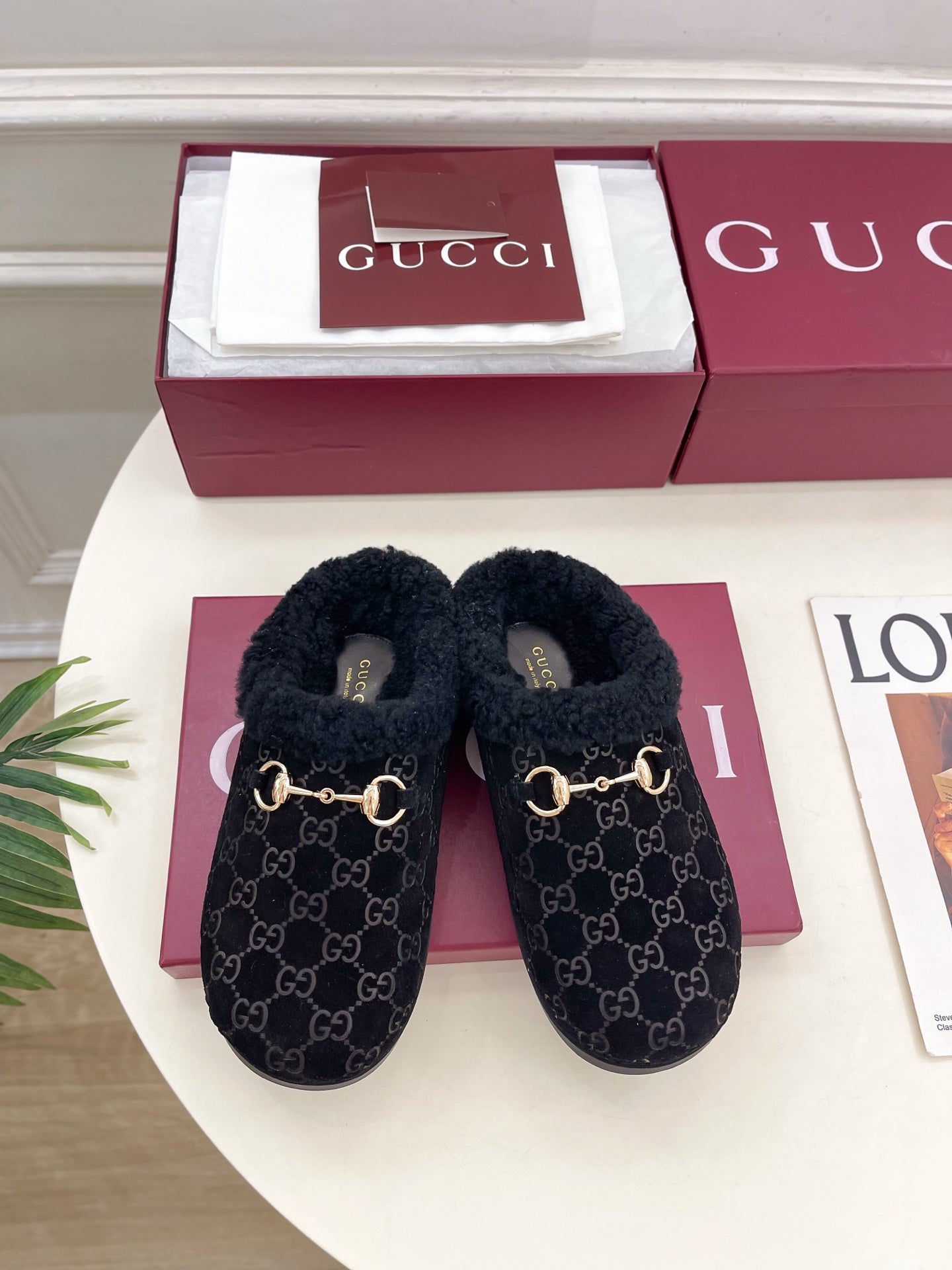 GG Horsebit Embossed Mule Black Suede And Wool 536050