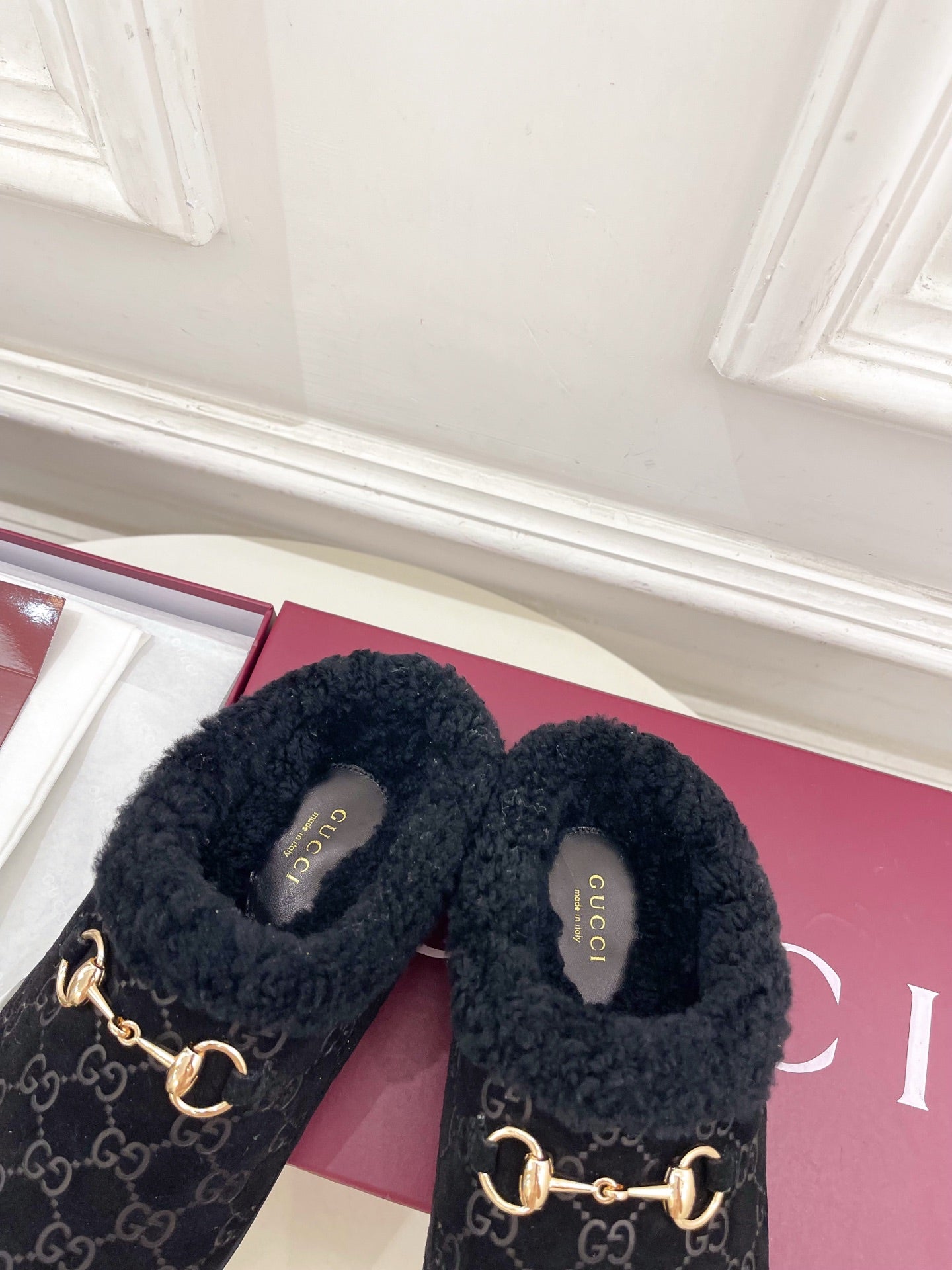 GG Horsebit Embossed Mule Black Suede And Wool 536050