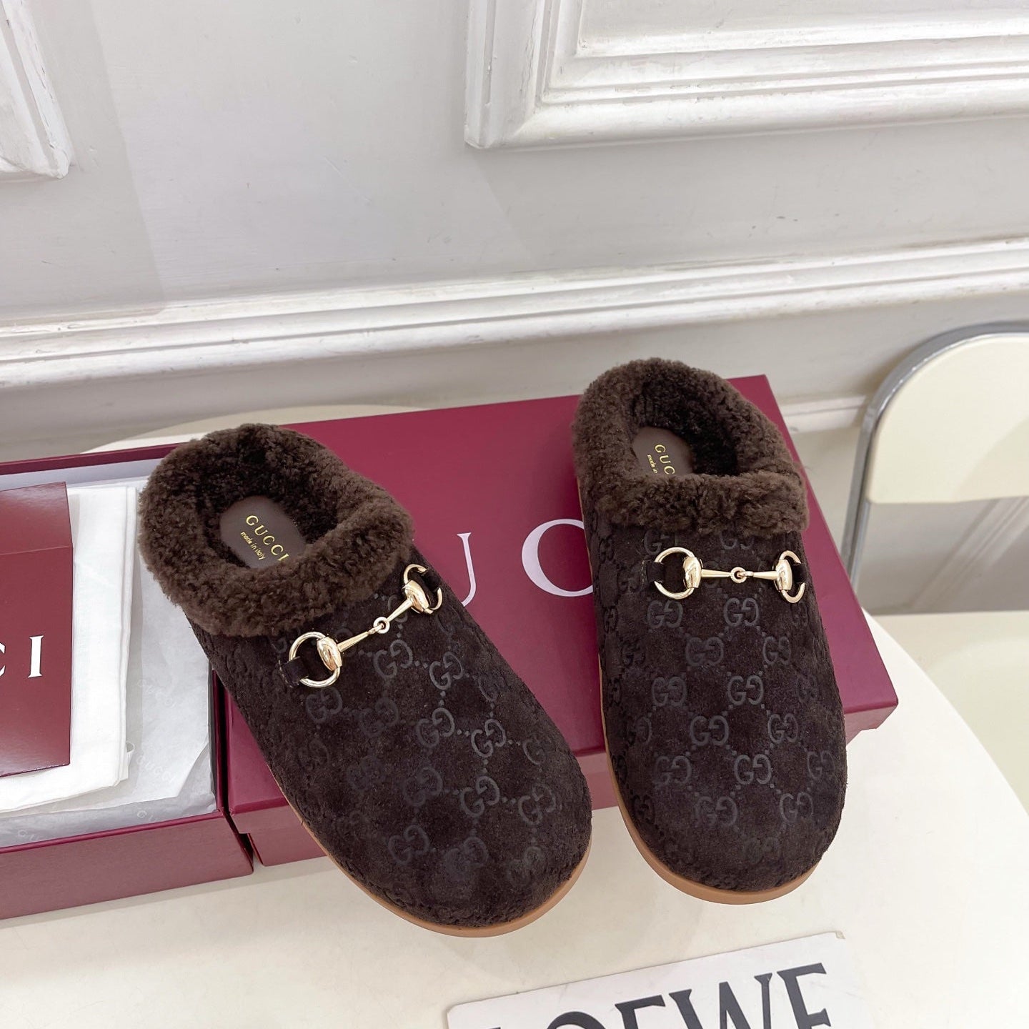 GG Horsebit Embossed Mule Dark Brown Suede And Wool 536052