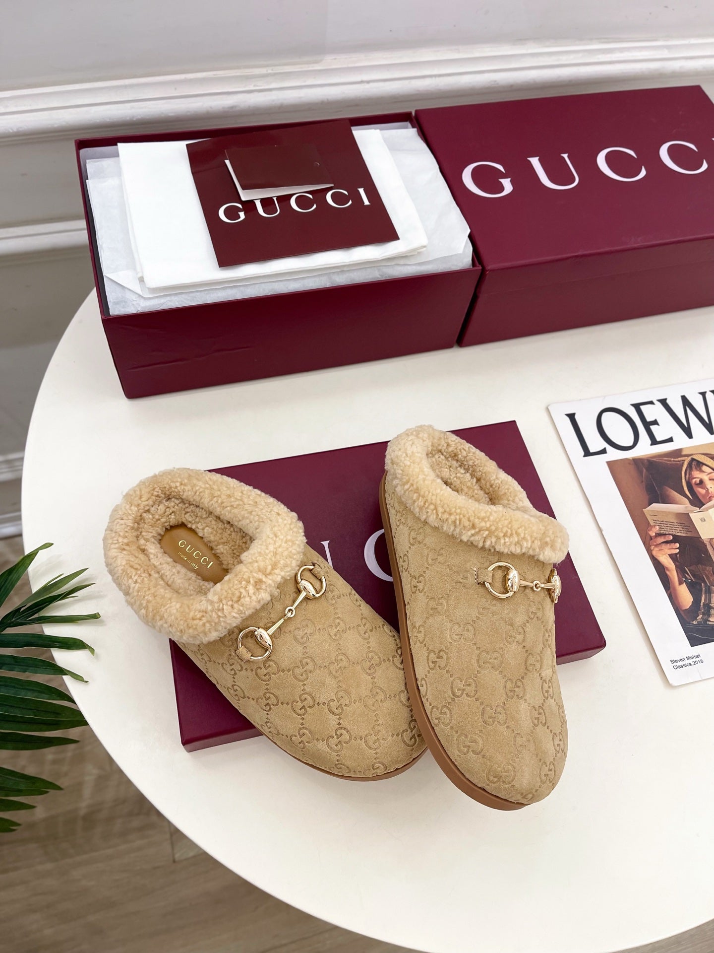 GG Horsebit Embossed Mule Beige Suede And Wool 536053