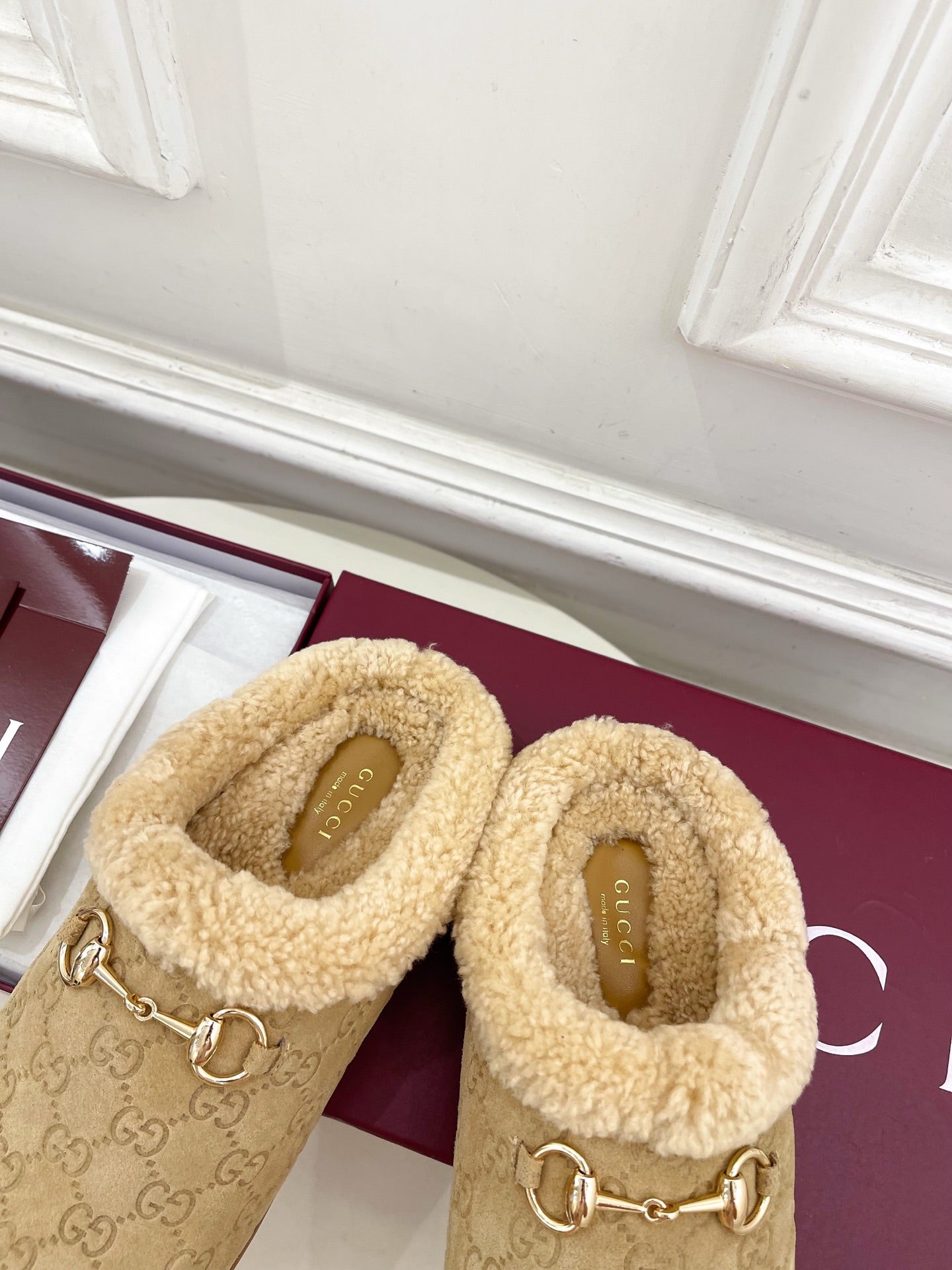 GG Horsebit Embossed Mule Beige Suede And Wool 536053