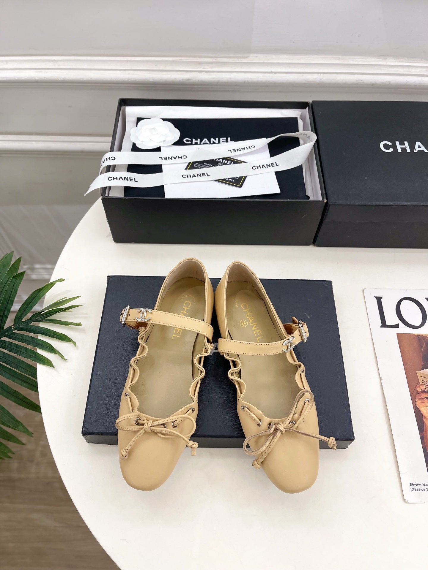 CC 26 SS Ruffled Bow Mary Jane Flats Beige Calfskin 586930