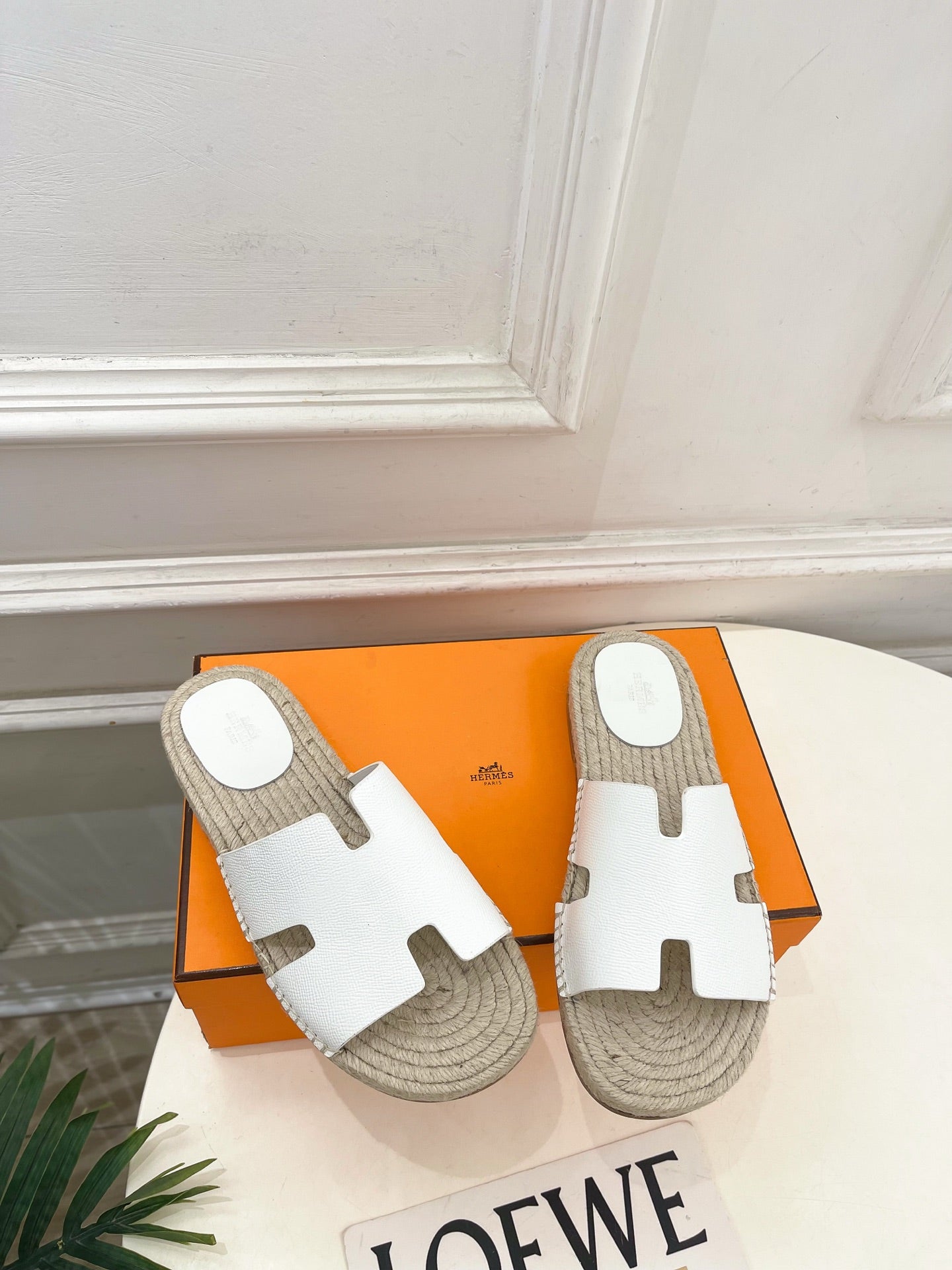 HM Antigua Espadrille White Leather Raffia 631948