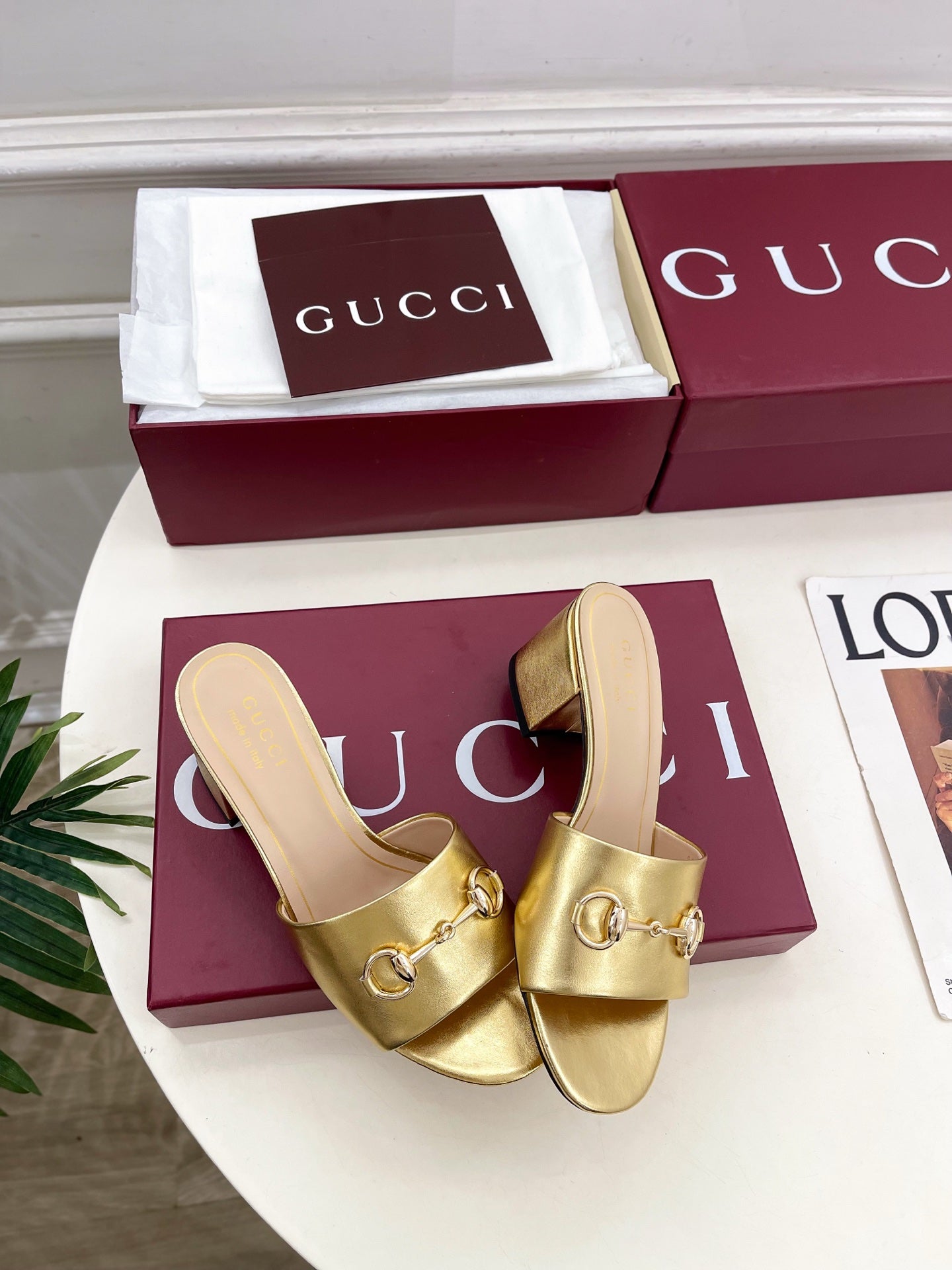 GG 26s Slide Sandal 5.5cm With Horsebit Gold Leather 640295