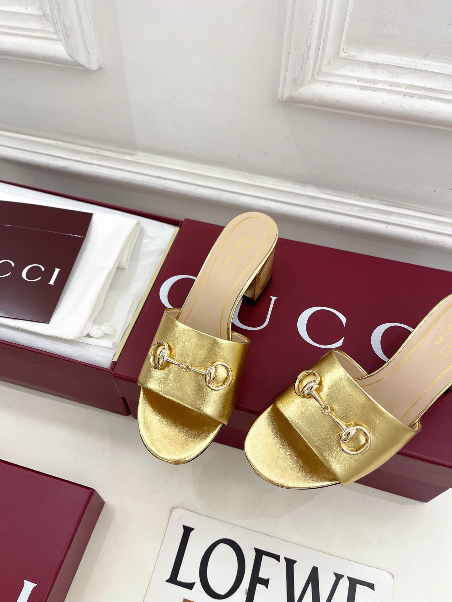 GG 26s Slide Sandal 5.5cm With Horsebit Gold Leather 640295