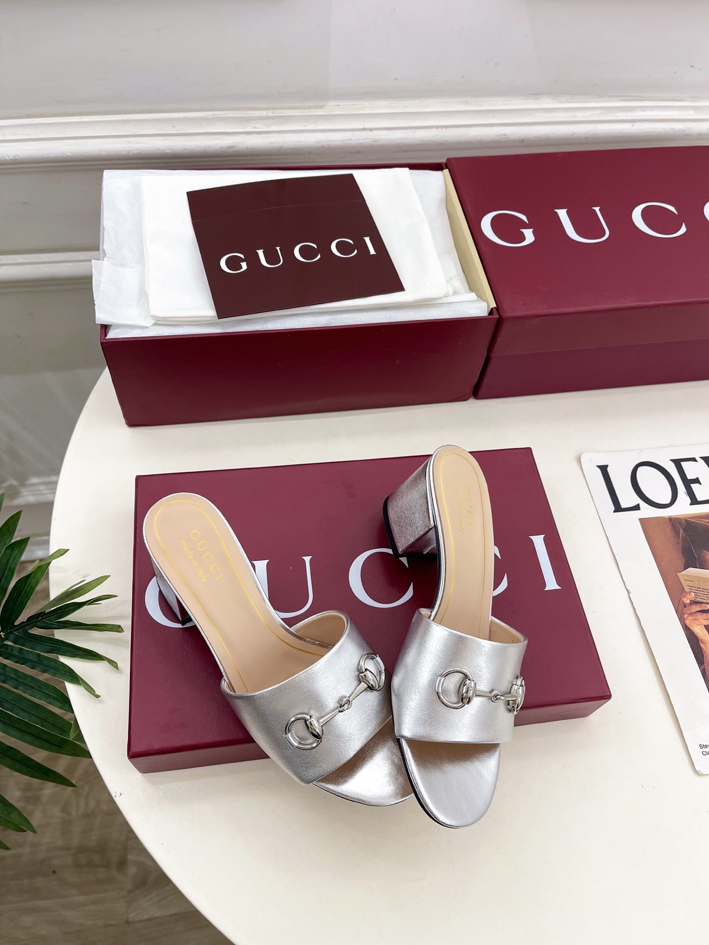 GG 26s Slide Sandal 5.5cm With Horsebit Sliver Leather 640296