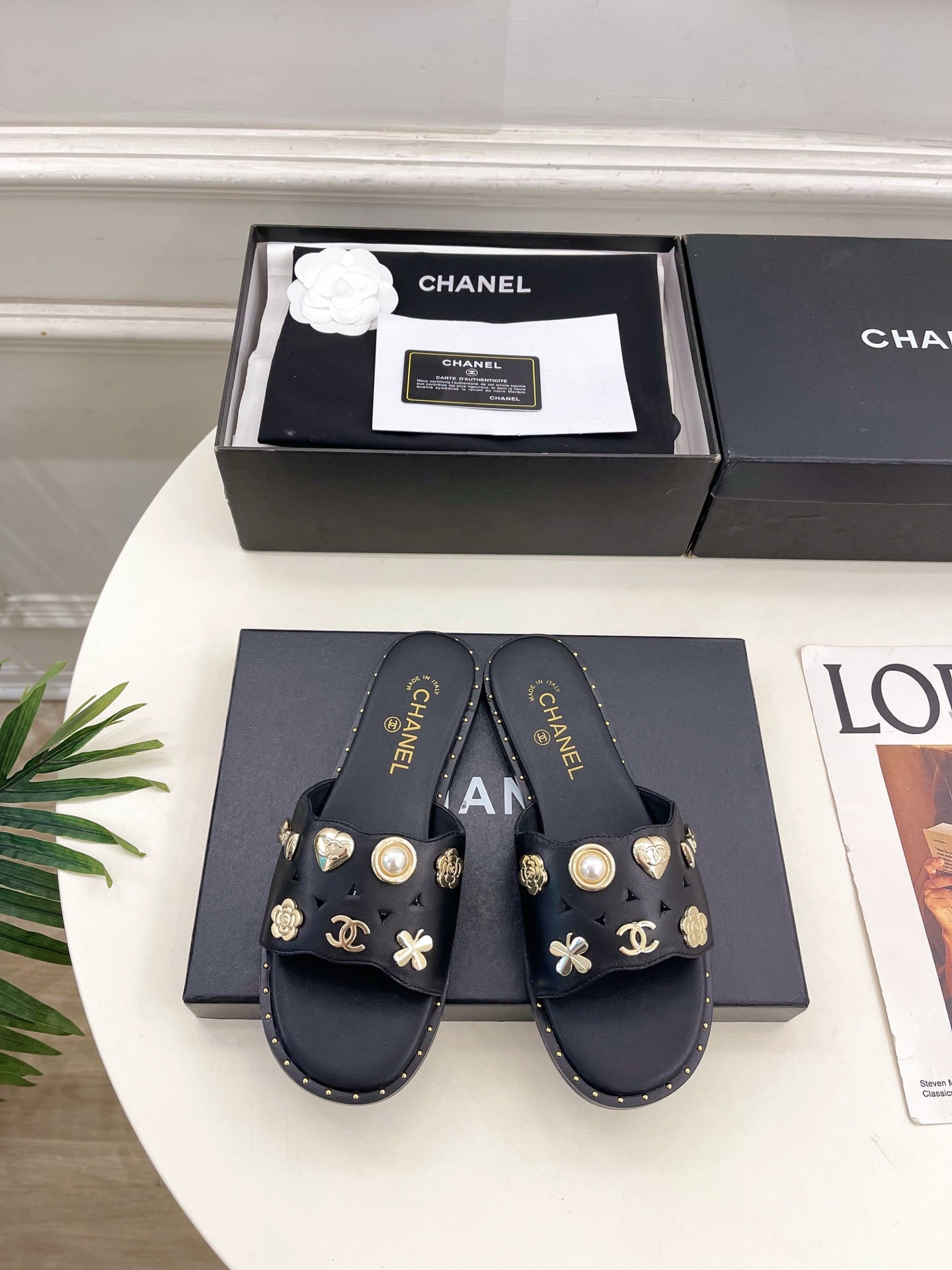 Chanel 26s Flat Sandals Black Lambskin Charm-Decorated