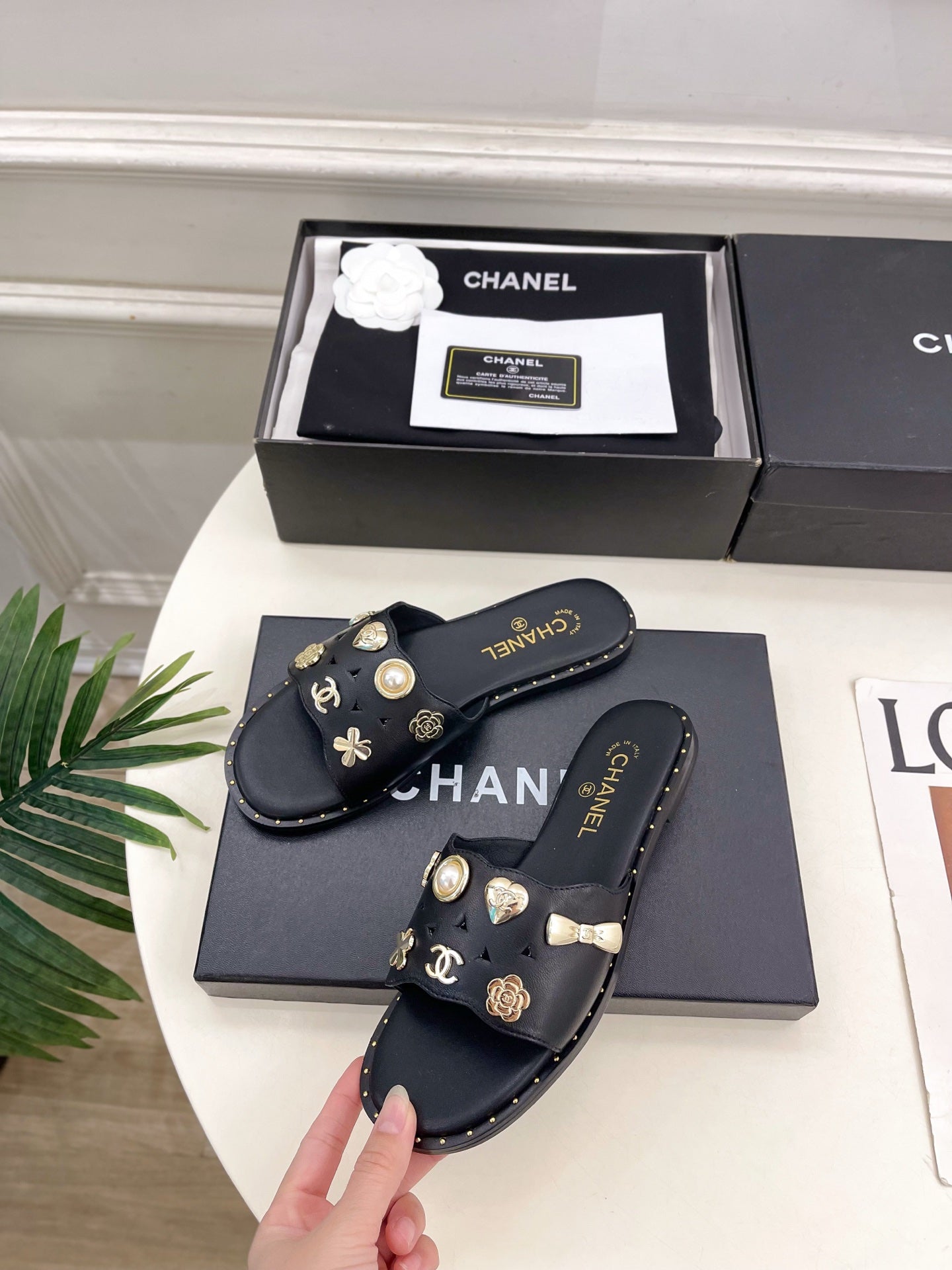 Chanel 26s Flat Sandals Black Lambskin Charm-Decorated