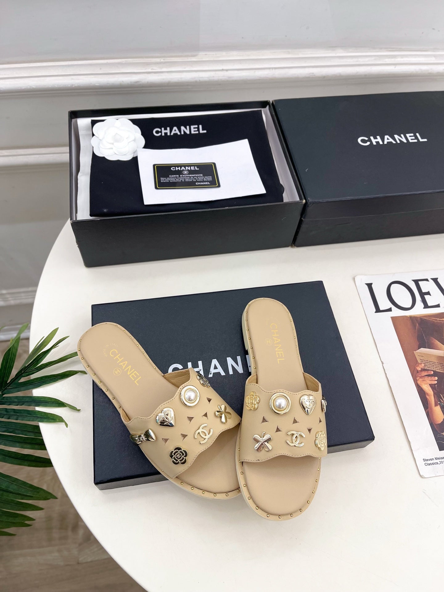 Chanel 26s Flat Sandals Beige Lambskin Charm-Decorated
