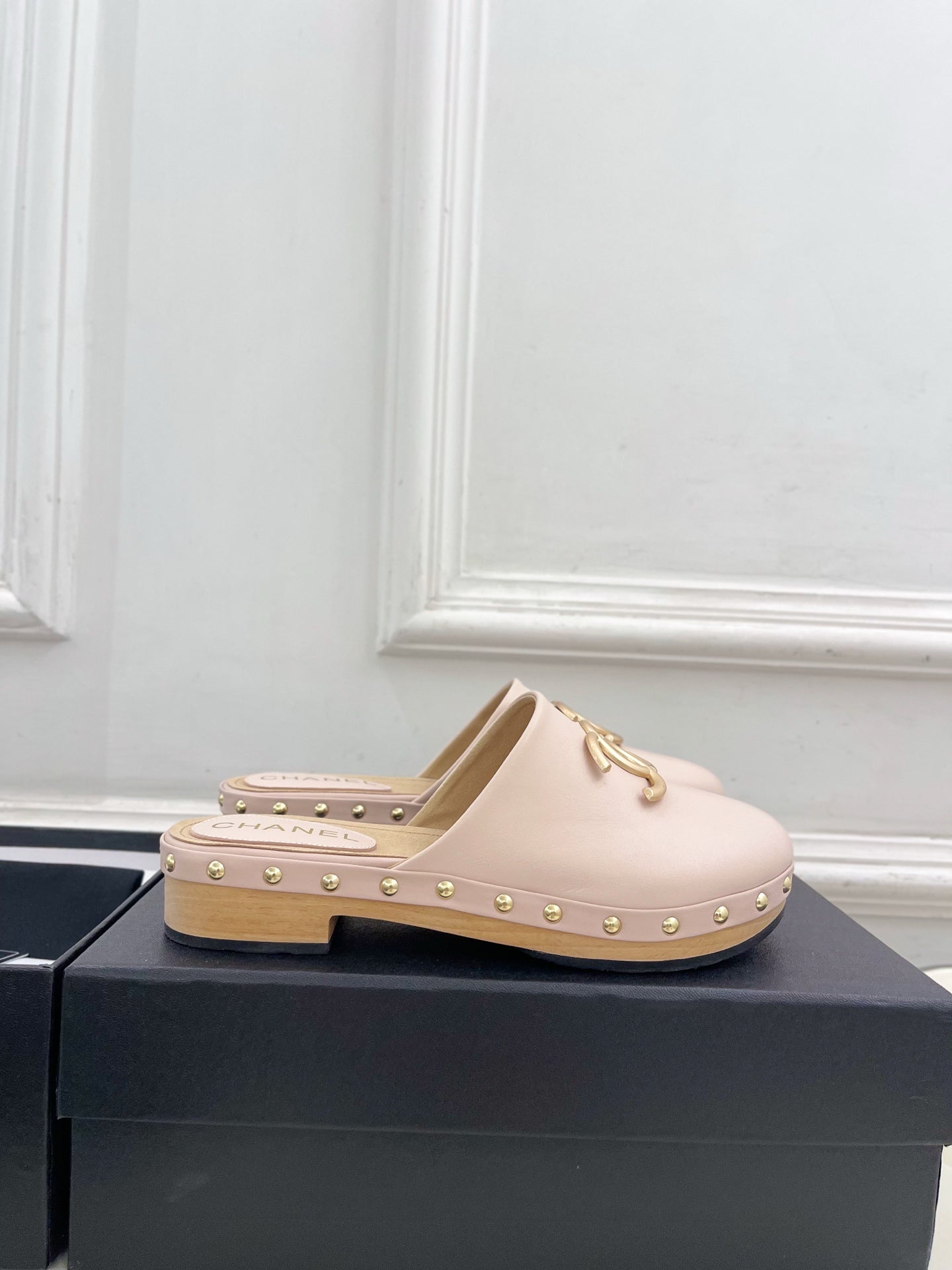 CC 26s Wood Platform Slip-on 3.5cm Light Pink Leather 891748