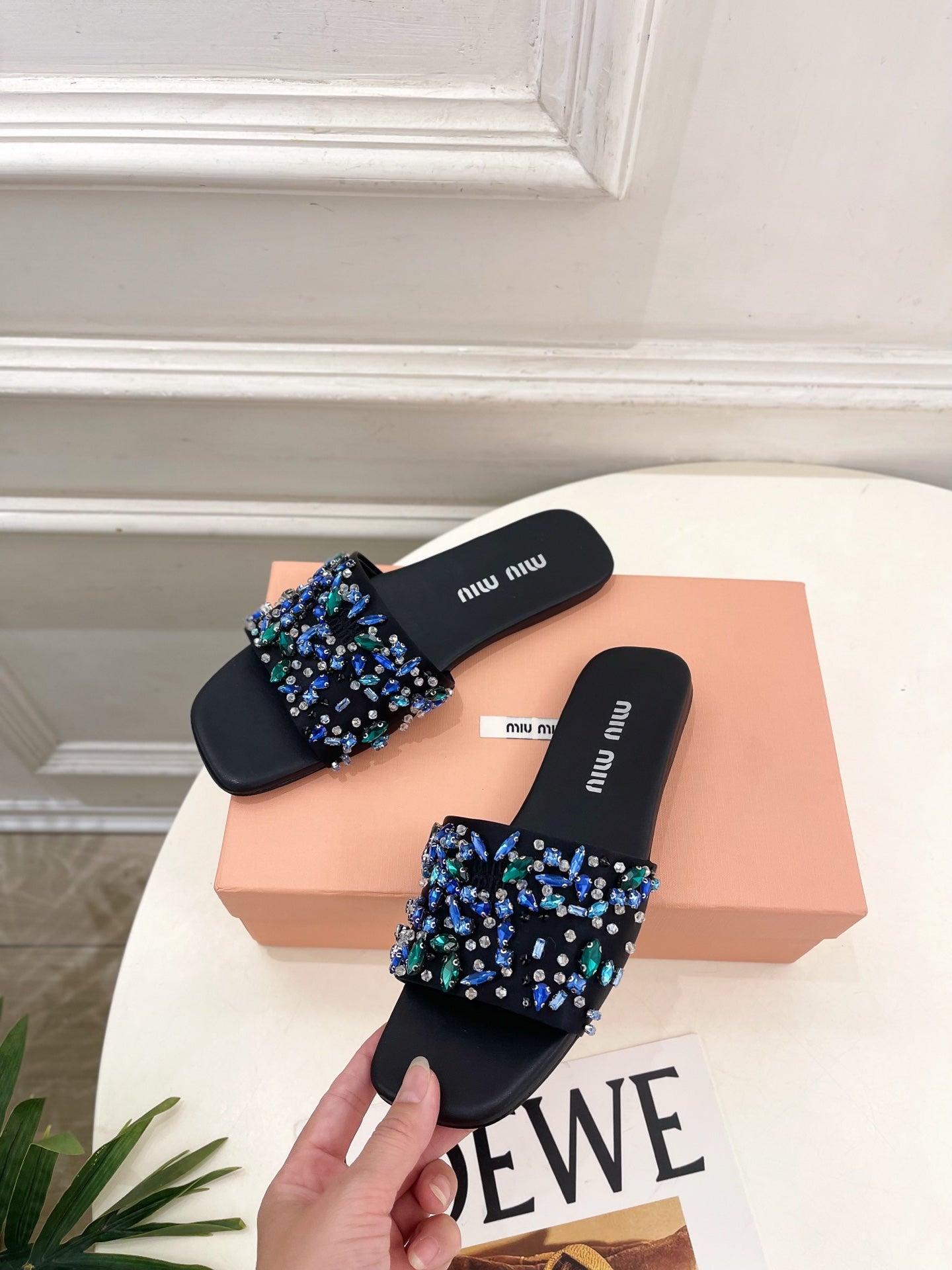 Miu 26s Rhinestone Flat Sandals Black Sheepskin Silk 891869