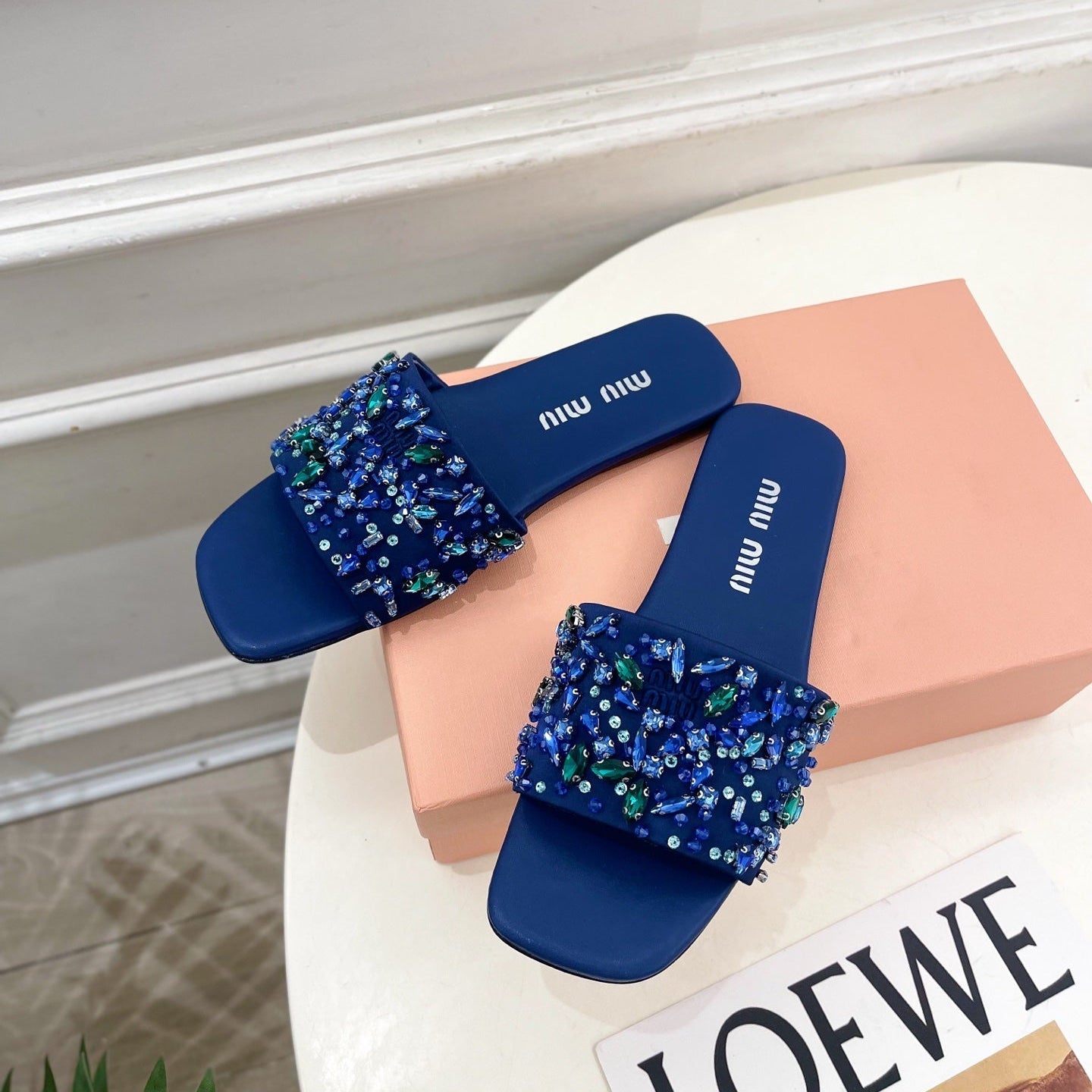 Miu 26s Rhinestone Flat Sandals Dark Blue Sheepskin Silk 891872
