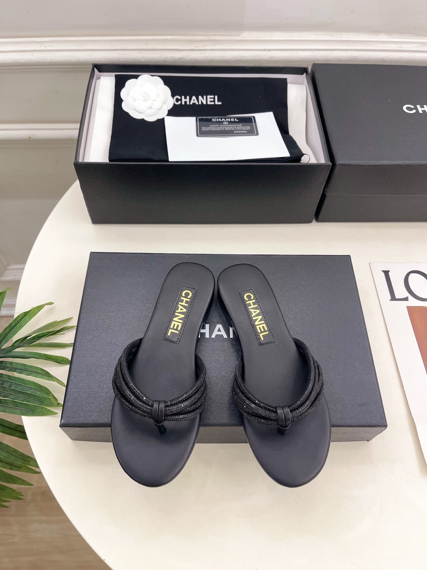 CC 26s Rhinestone Thong Sandals Black Lambskin 947051