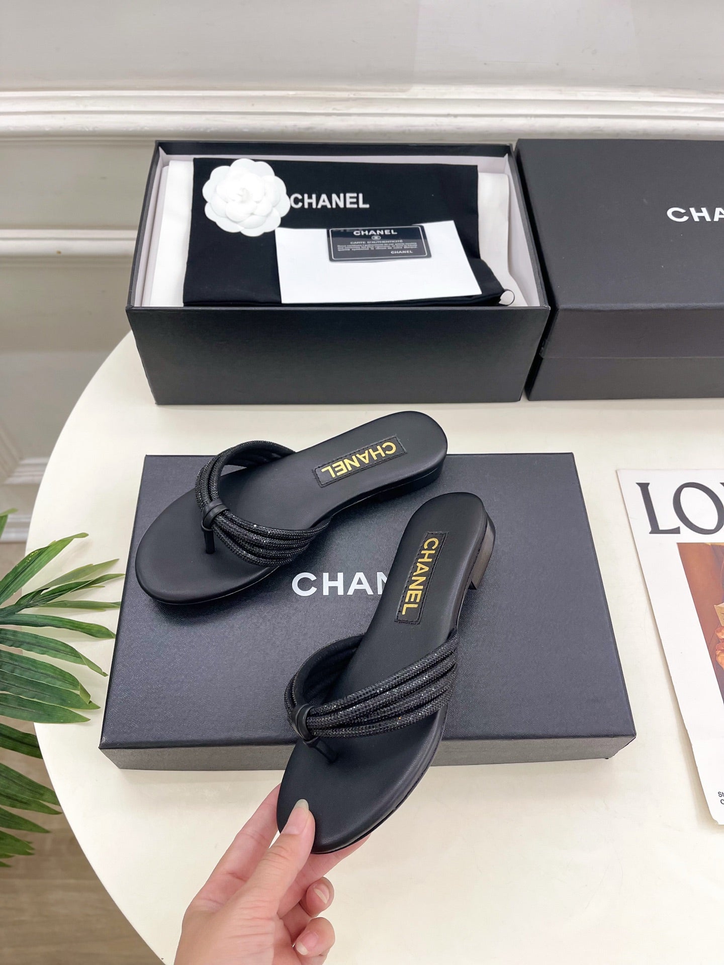 CC 26s Rhinestone Thong Sandals Black Lambskin 947051