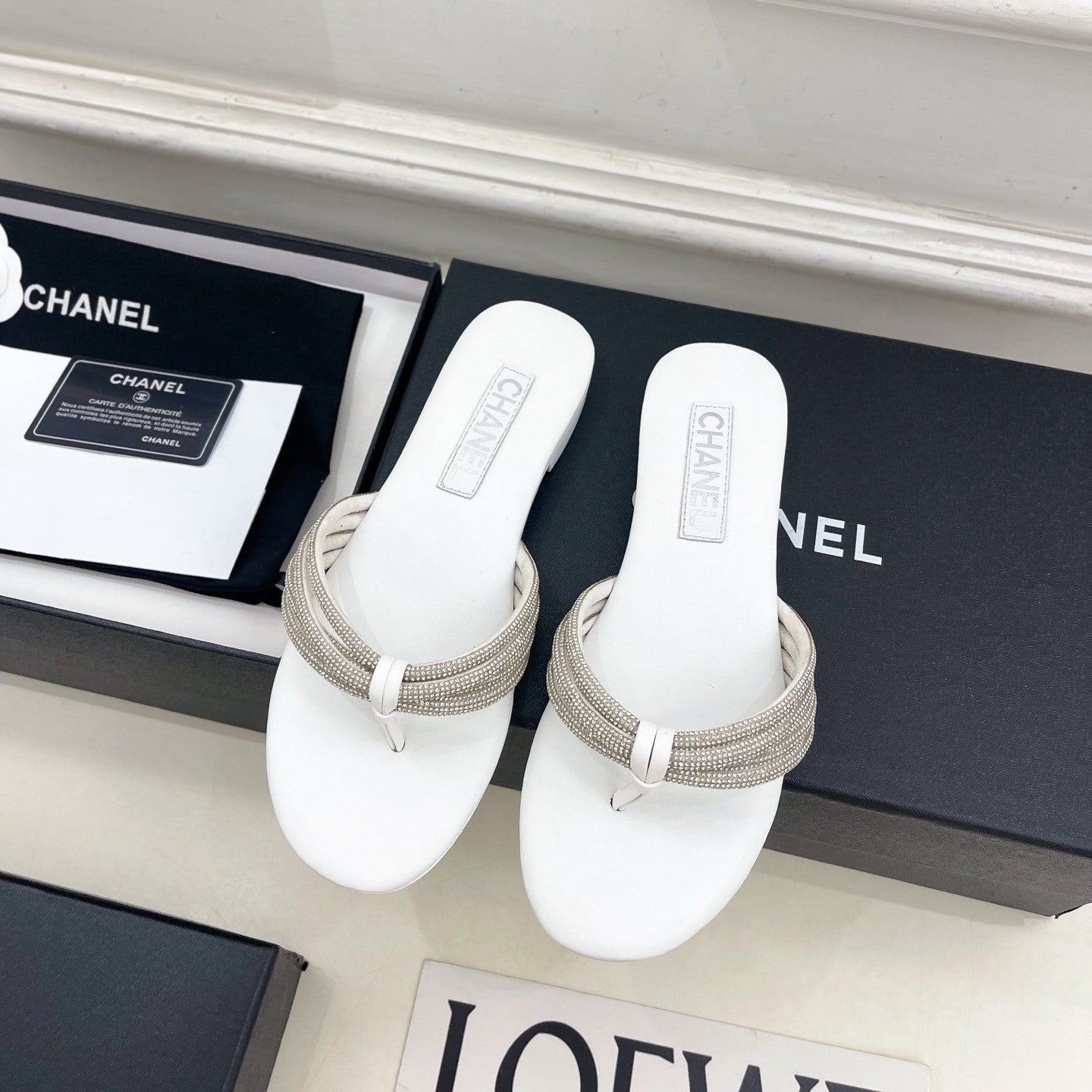 CC 26s Rhinestone Thong Sandals White Lambskin 947052