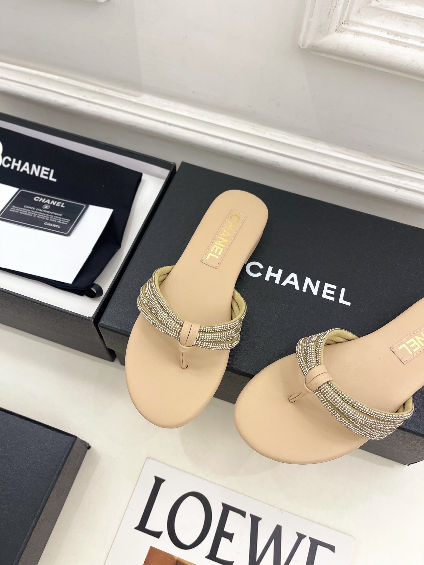 CC 26s Rhinestone Thong Sandals Beige Lambskin 947053