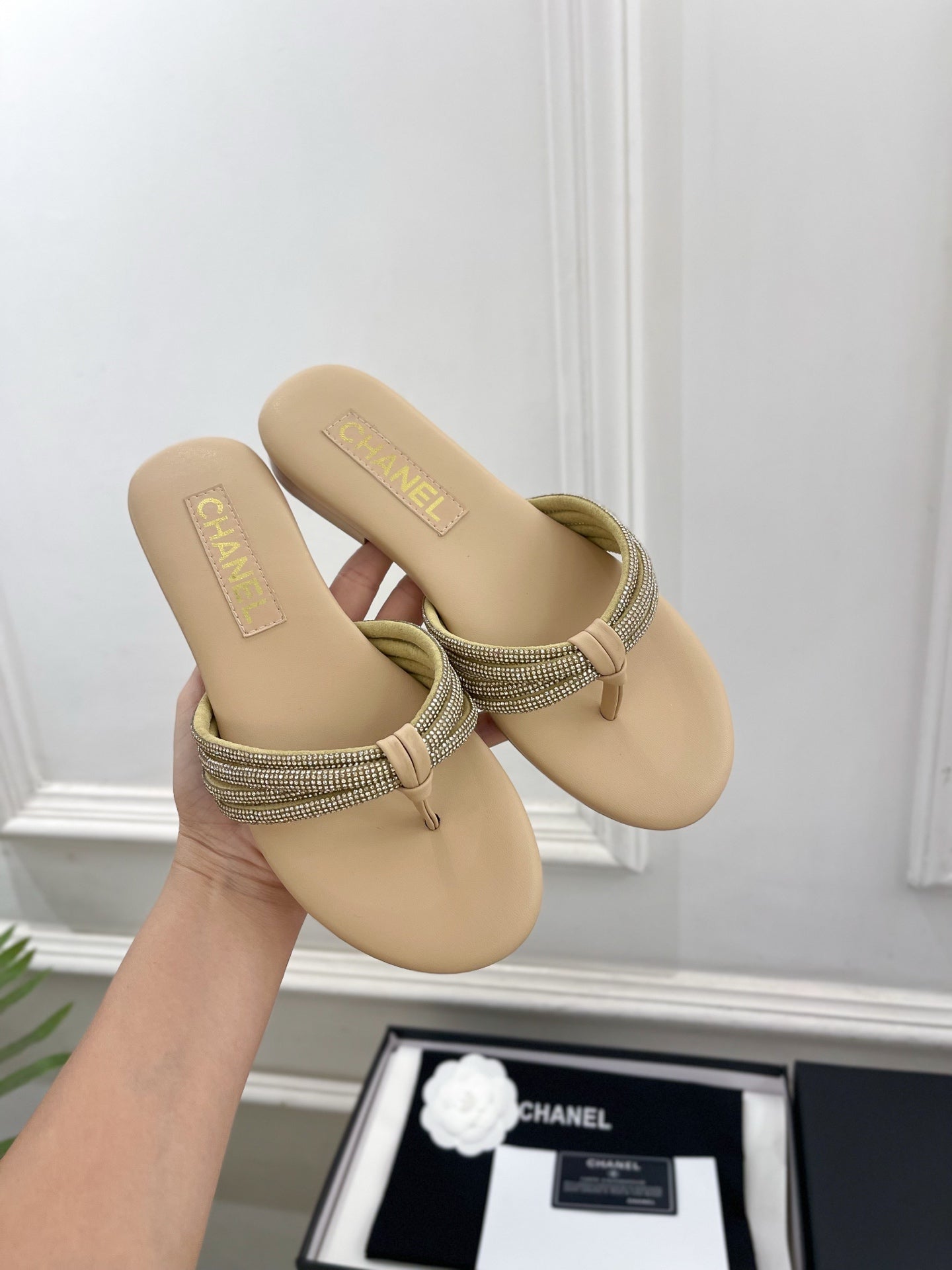 CC 26s Rhinestone Thong Sandals Beige Lambskin 947053