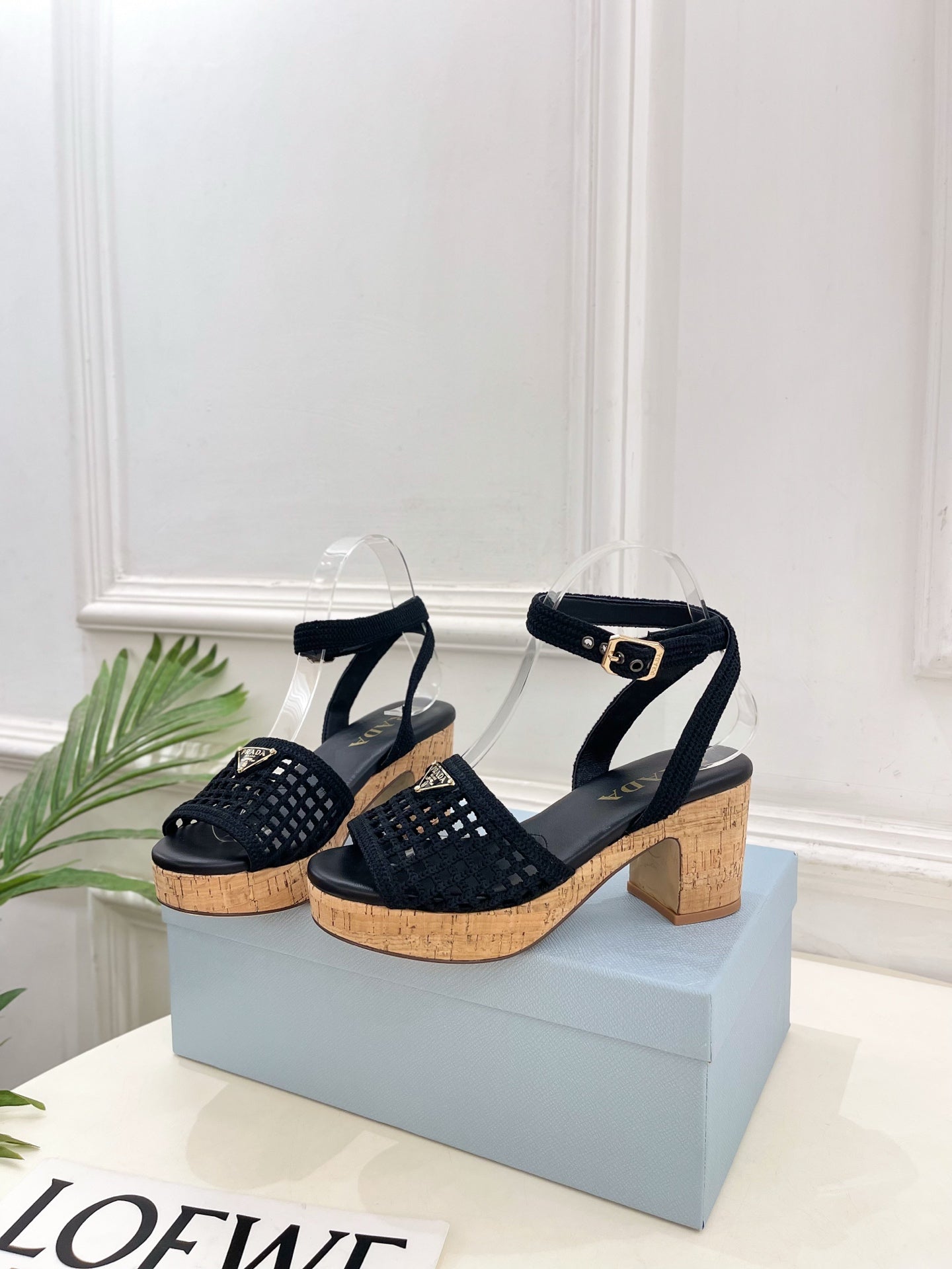 Prada Crochet Cork Platform Sandals 7cm Black Crochet 947375