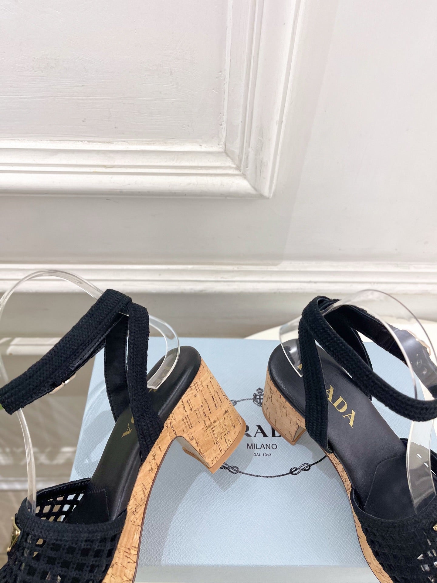 Prada Crochet Cork Platform Sandals 7cm Black Crochet 947375