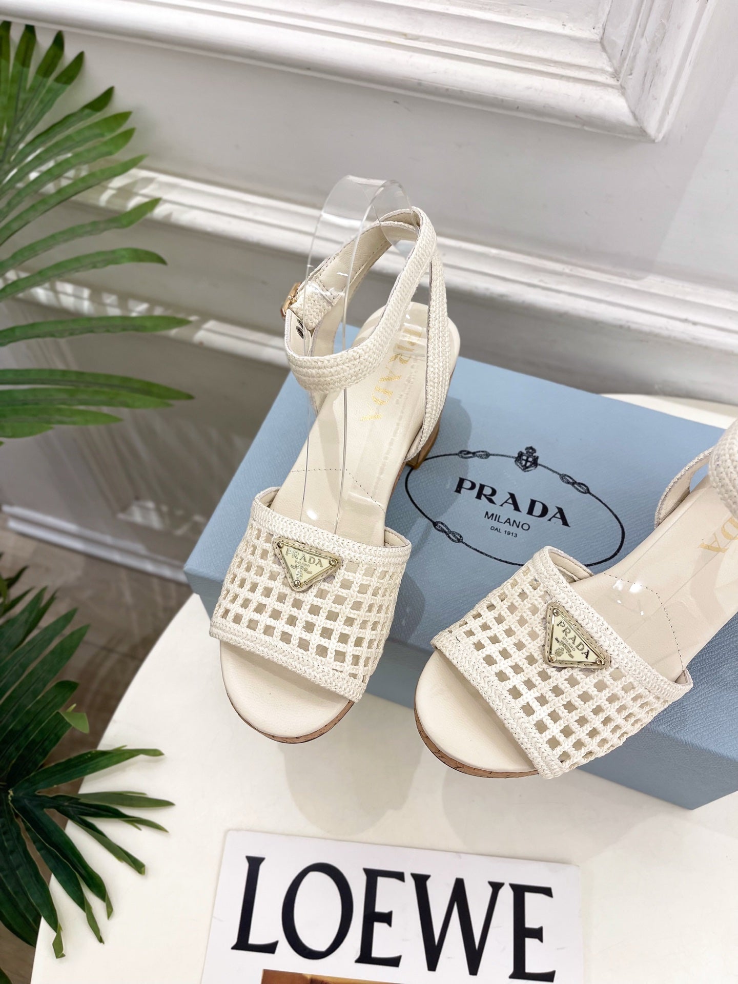 Prada Crochet Cork Platform Sandals 7cm White Crochet 947376