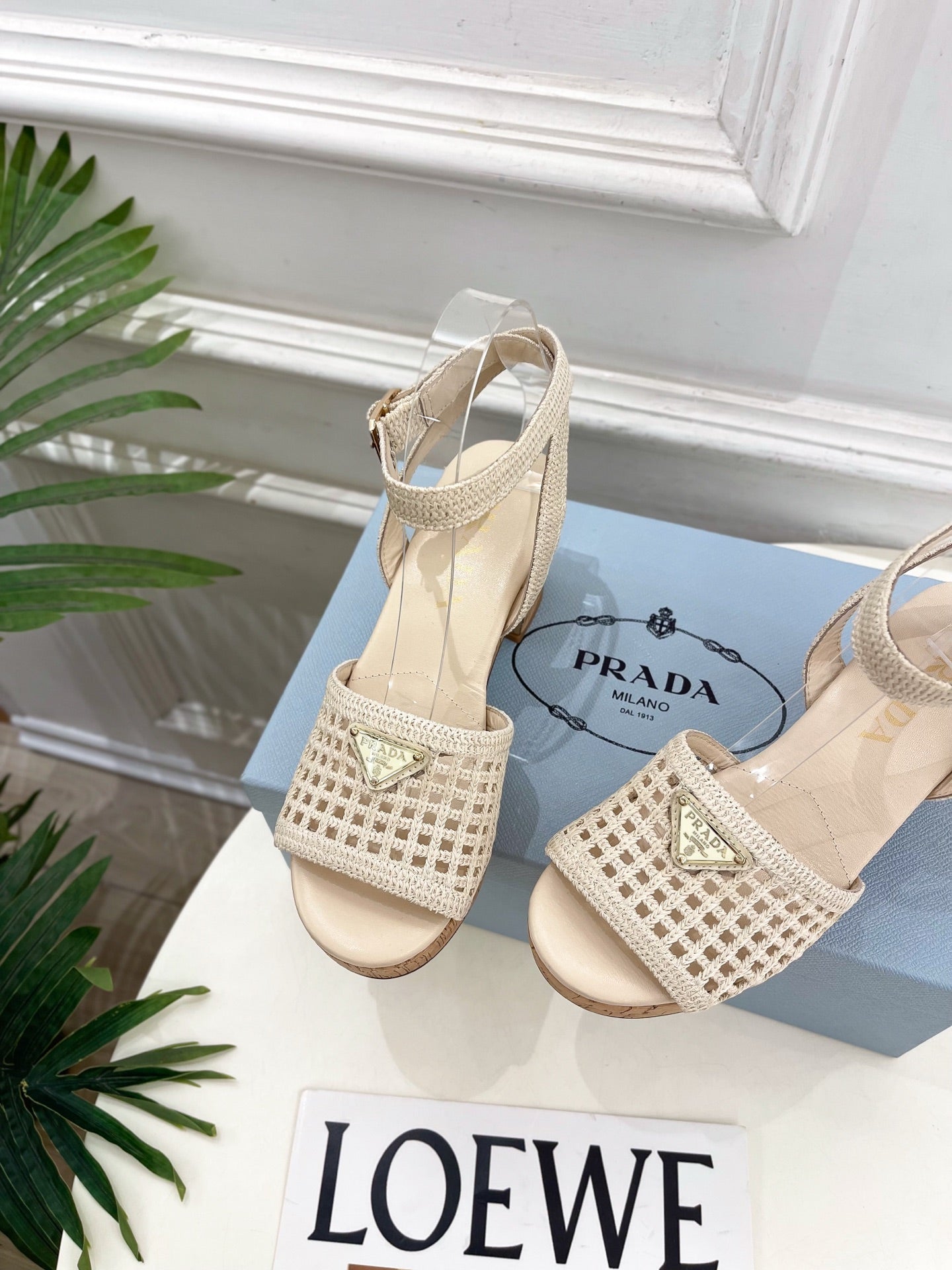 Prada Crochet Cork Platform Sandals 7cm Cream Crochet 947377