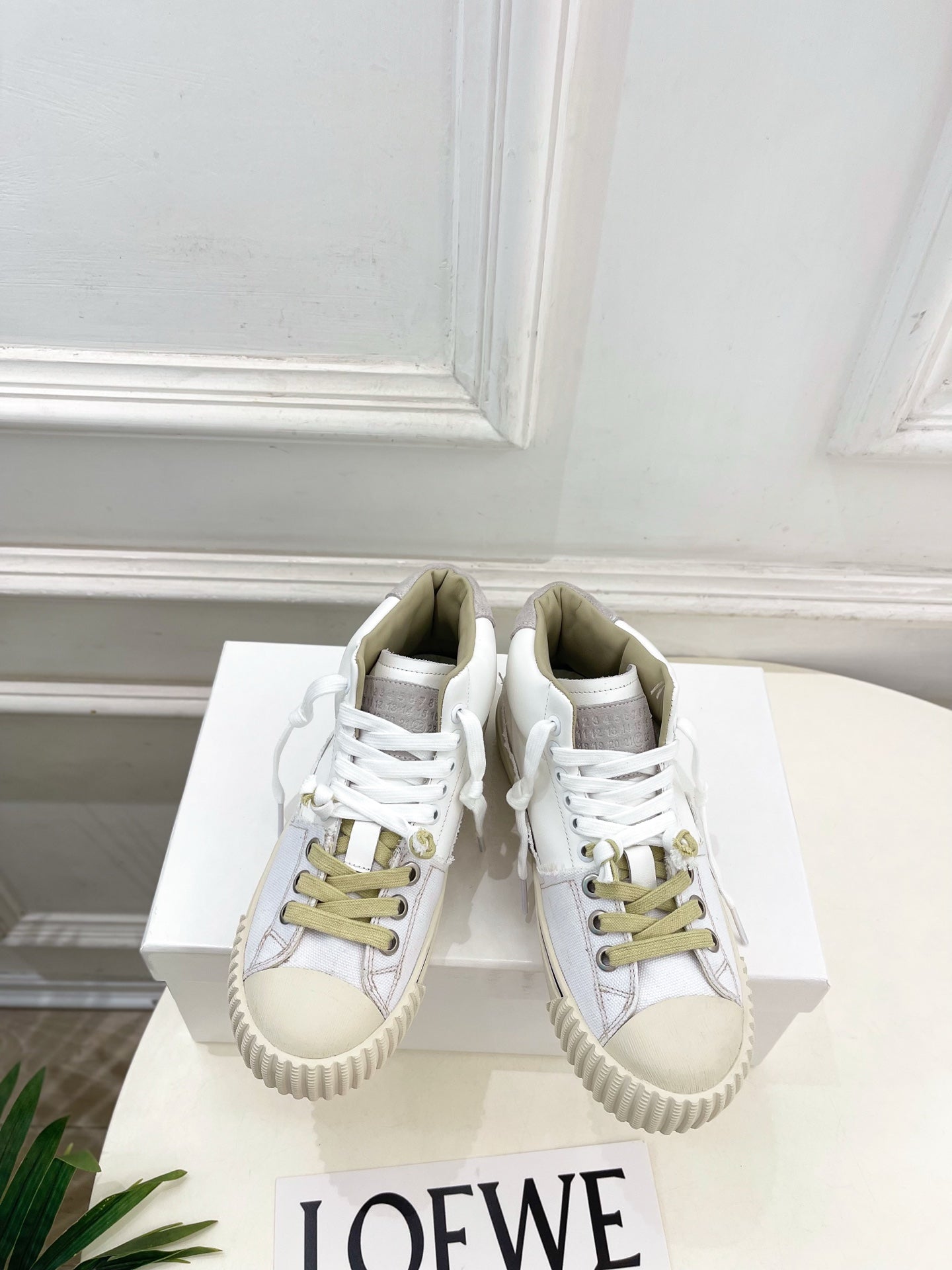 MM6 26s New Evolution Mid-Top Sneakers Cream Canvas Calfskin 947483