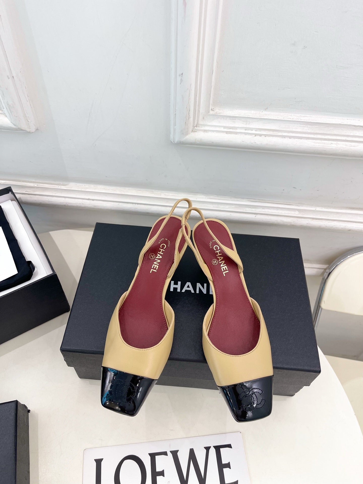 CC 26s Square Toe Slingback 6.5cm Black Beige Leather 946911